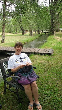 Pam's favorite spot in Bozeman, MT...knitting in her backyard.