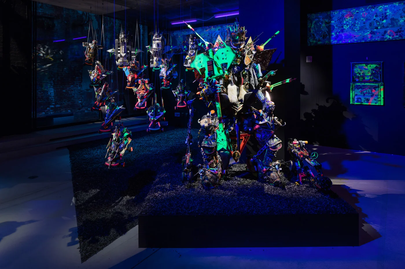 Photo: Lance Brewer. Exhibition view of RAMMELLZEE: Racing For Thunder. Courtesy of Red Bull Arts New York. All artwork © 2018 The Rammellzee Estate