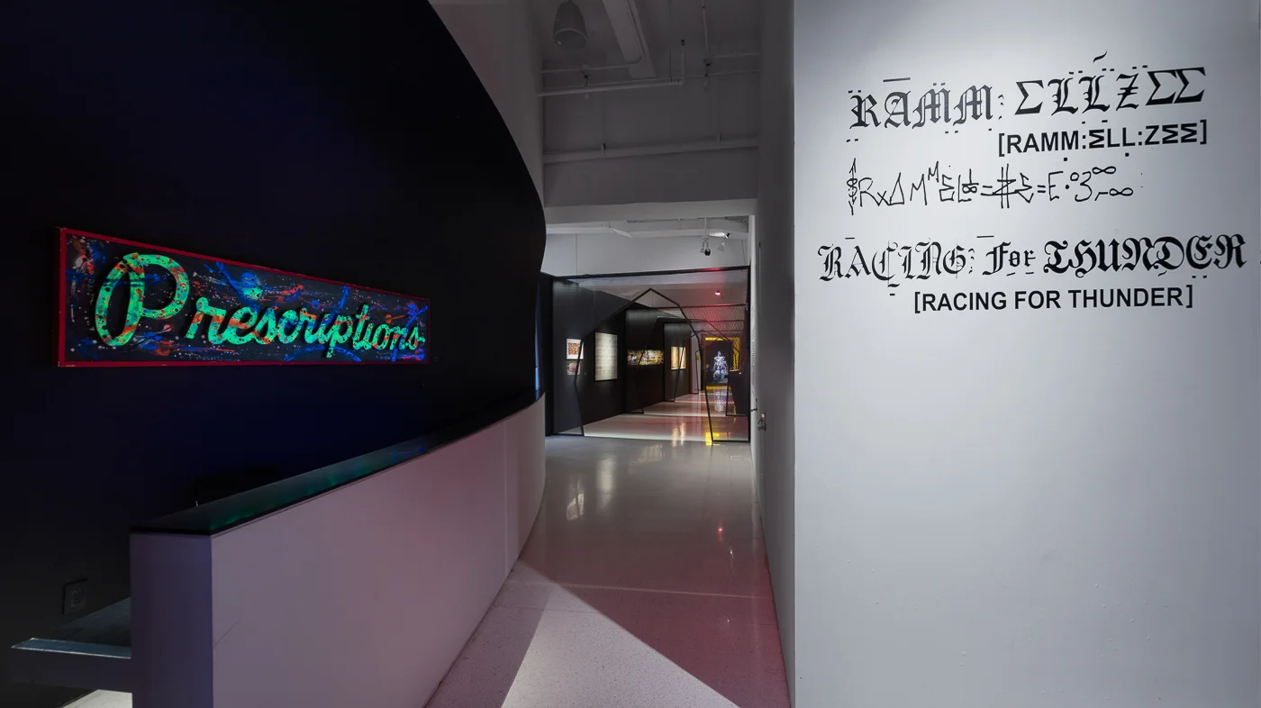 Photo: Lance Brewer. Exhibition view of RAMMELLZEE: Racing For Thunder. Courtesy of Red Bull Arts New York. All artwork © 2018 The Rammellzee Estate