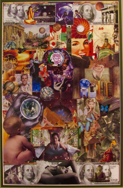 Stretch your limits is One of my own original, hand-made collages. Ifound this photo of it today collating old data from several disks as part of my ongoing effort to go through the collectibles of my life. I am clearing out the clutter and putting things in order iand to fully settle intomy little condo.