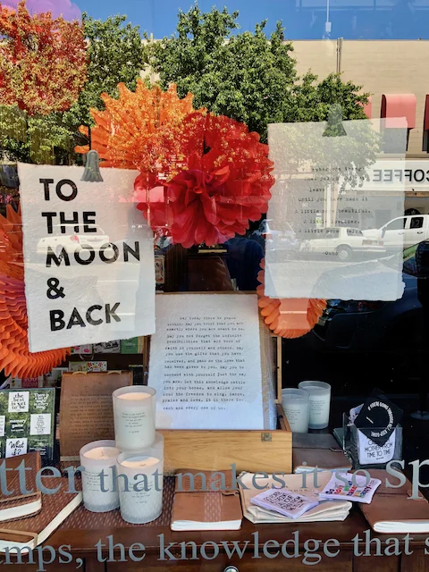Reflections in a shop window in downtown Chico, California.