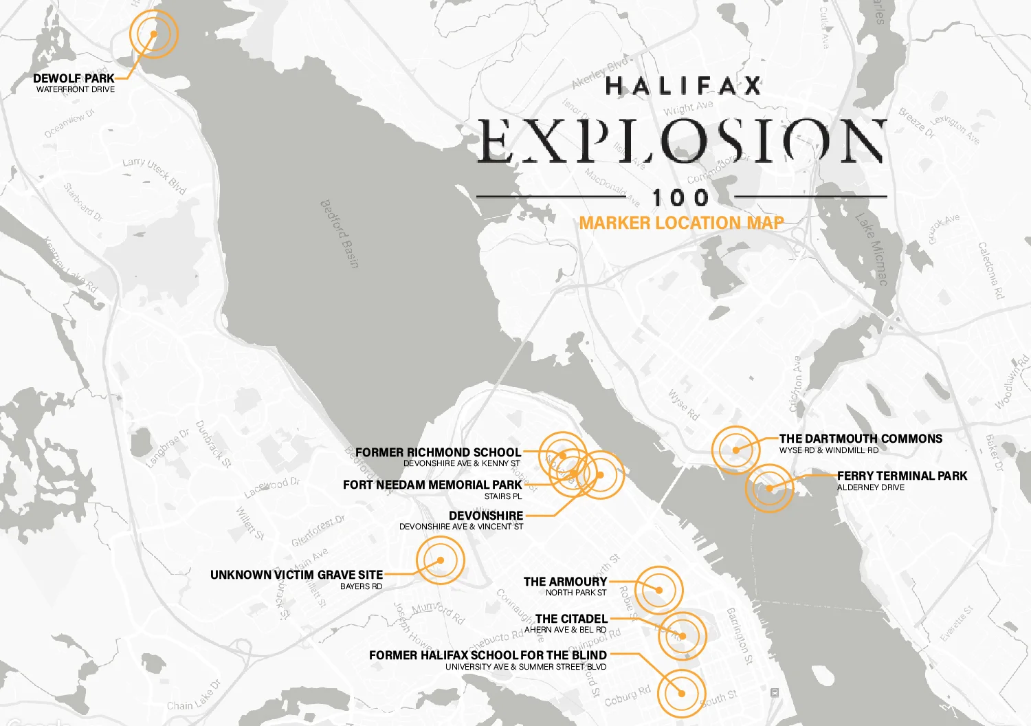 The Halifax Explosion Commemorative Marker project was designed for the HRM to mark the 100th year since the explosion, which took place on Dec 6, 2017. There are 12 ‘commemorative touchstones’ throughout the HRM carrying broad narratives related to the Explosion. A 13th will be installed as part of the Africville Interpretive Plan. Each marker was designed as a tensioned duality; deriving their form from the idea of exploded, sheared off trees that were prevalent in the neighbourhoods post explosion and then, secondarily, developed to evoke biomorphic forms of two people, one from the past and one from today having an interaction. The duality of the form is to evoke the tension between the past and future, tragedy and hope, the Imo and the Mont Blanc, the narrows between Dartmouth and Halifax. One marker is designed to be a grandfather speaking to a child, one is designed as the past and future walking alongside one another quietly, two others, look back at each other and speak directly. There are 4 "types" of markers. Each marker is partially designed in corten steel, with a short narrative laser cut into the form of the prevalent story for that location. The other form is designed of polished stainless steel with 100 perforations, representing the 100 year commemoration and the lives lost in the explosion. Each form has a myriad of reflected experiences between the two forms. The markers were designed to create limitless possibilities of discovery and experience with each interaction. As sunlight changes throughout the days and seasons, reflections consistently change on the marker. The viewer also experiences being reflected in the stainless steel, and therefore seeing themselves as part of the commemorative marker only to then realize that they are being reflected back with a perforated reflection, providing the viewer with a subtle and unexpected powerful moment representative of the magnitude of what happened that day. With rain, the rust from the cut story in the corten steel form weeps from each letter. At times, sunlight will pierce through the perforations and shine through to the ground or the adjacent corten form, speaking to the hope and resiliency of the city that was born from the tragedy.