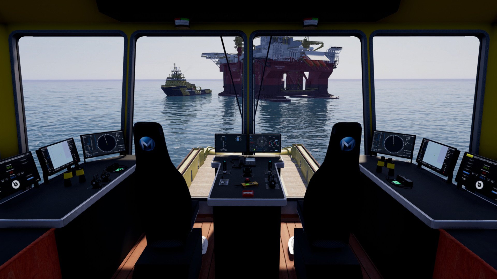 View from inside a ship's control room showing navigation and communication screens with an offshore oil platform and tugboat visible through the windows.