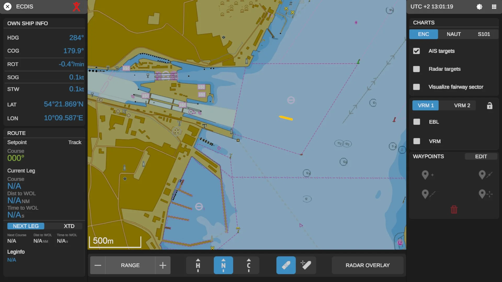 Digital nautical navigation chart displaying a port with detailed map data, routes, and various navigation markers.