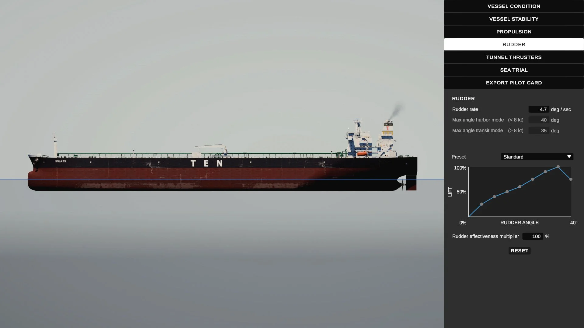 A digital diagram showing a cargo ship with the letters 'TEN' on its side, against a gray background. The right side of the image contains settings for vessel condition, stability, propulsion, and rudder angle, with adjustable sliders and graphs related to rudder effectiveness.