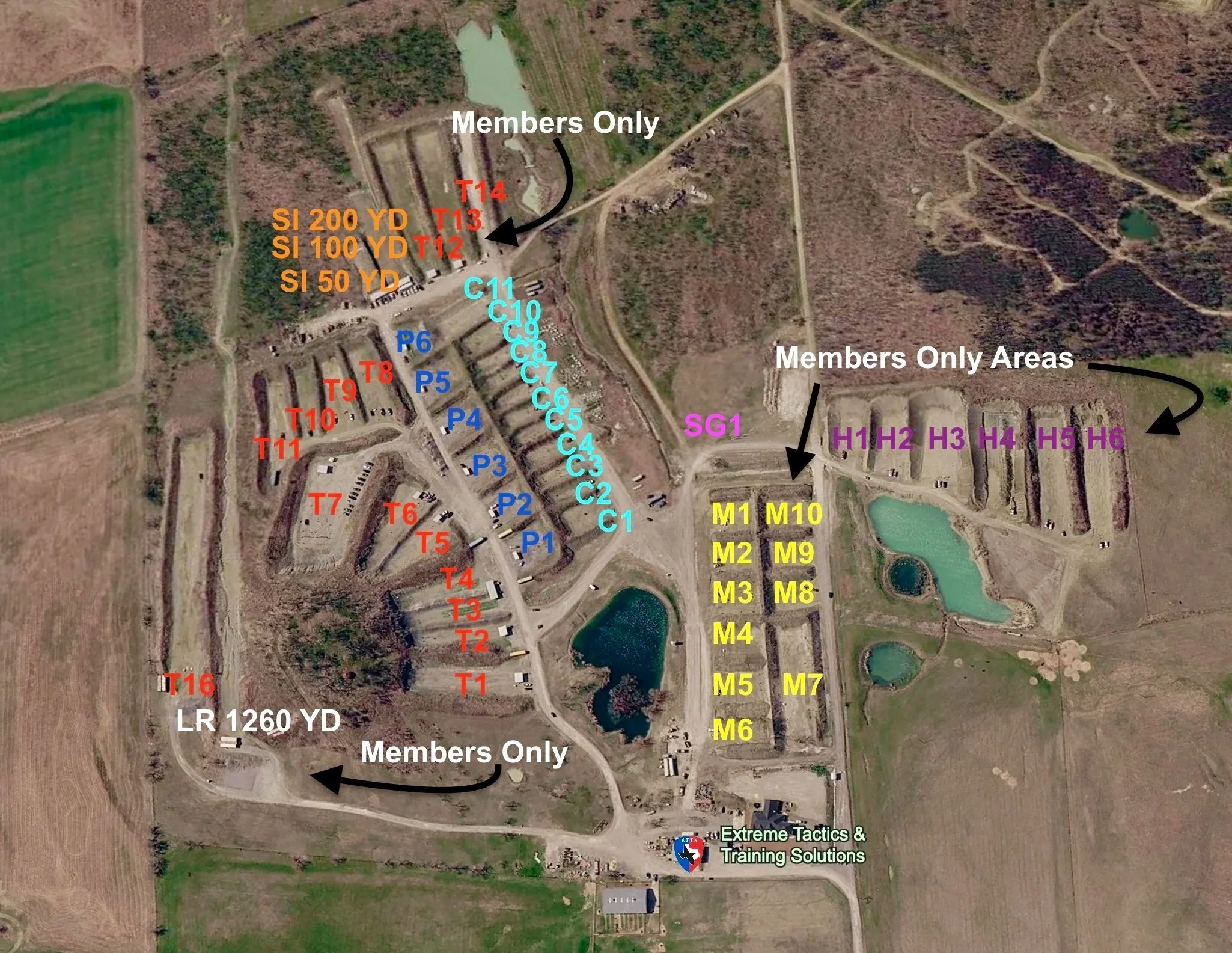 T - Tactical bays, 75-100 yards allow rifles, shotguns and pistols. Most of these have 2 paper target stands and 1 steel target.  P - Pistol bays, 35 yards, pistol caliber only (including PCC). Most of these have 2 paper target stands and 1 steel ta