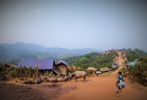  Entering the village - shot on Aude's Go Pro.
