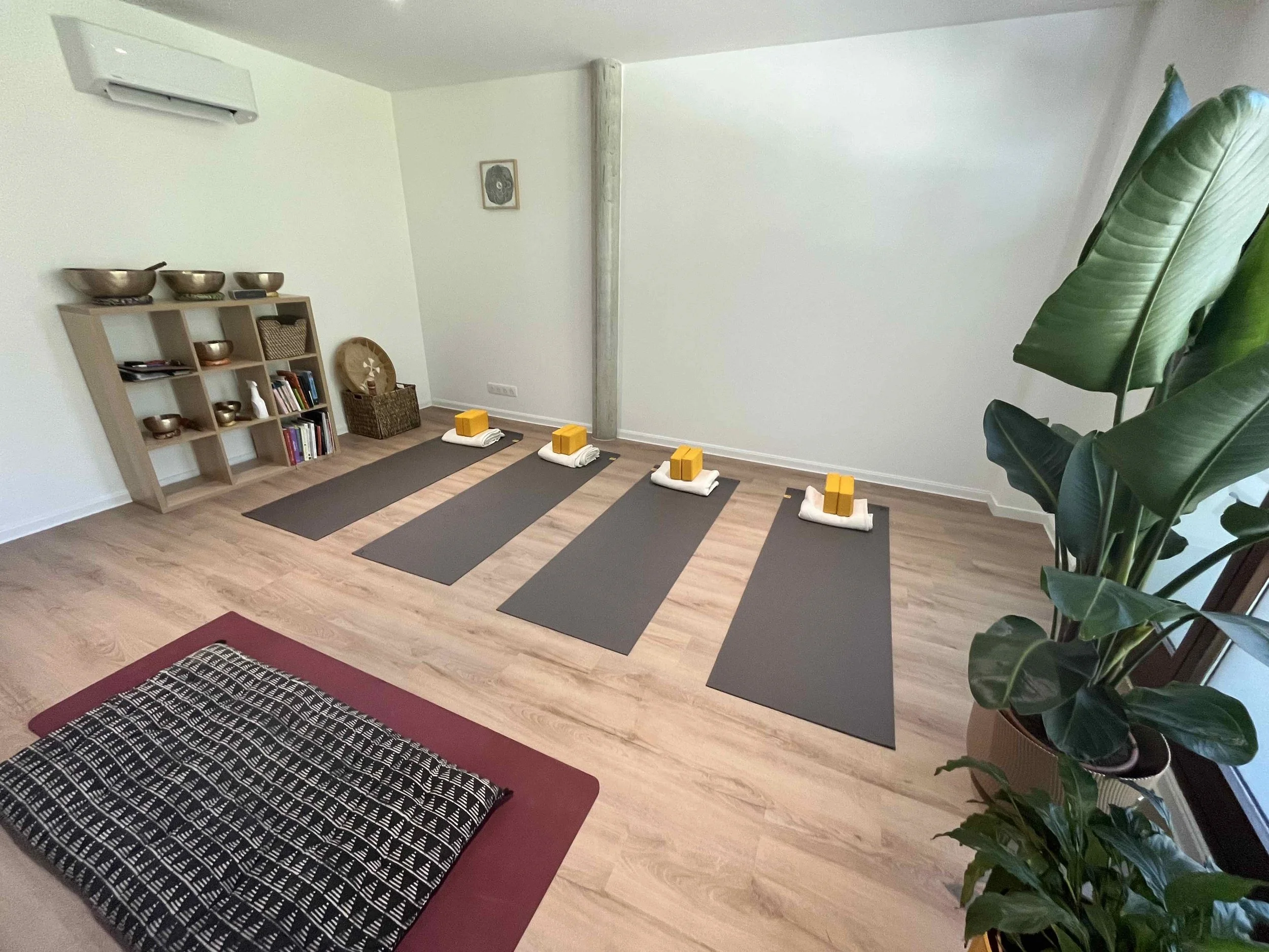 Salle de yoga avec quatre tapis de yoga gris, chacun avec une serviette blanche et un coussin de yoga jaune, dans un espace calme et bien éclairé, décoré avec un grand feuillage vert à droite et une étagère contenant des bols de méditation, livres et
