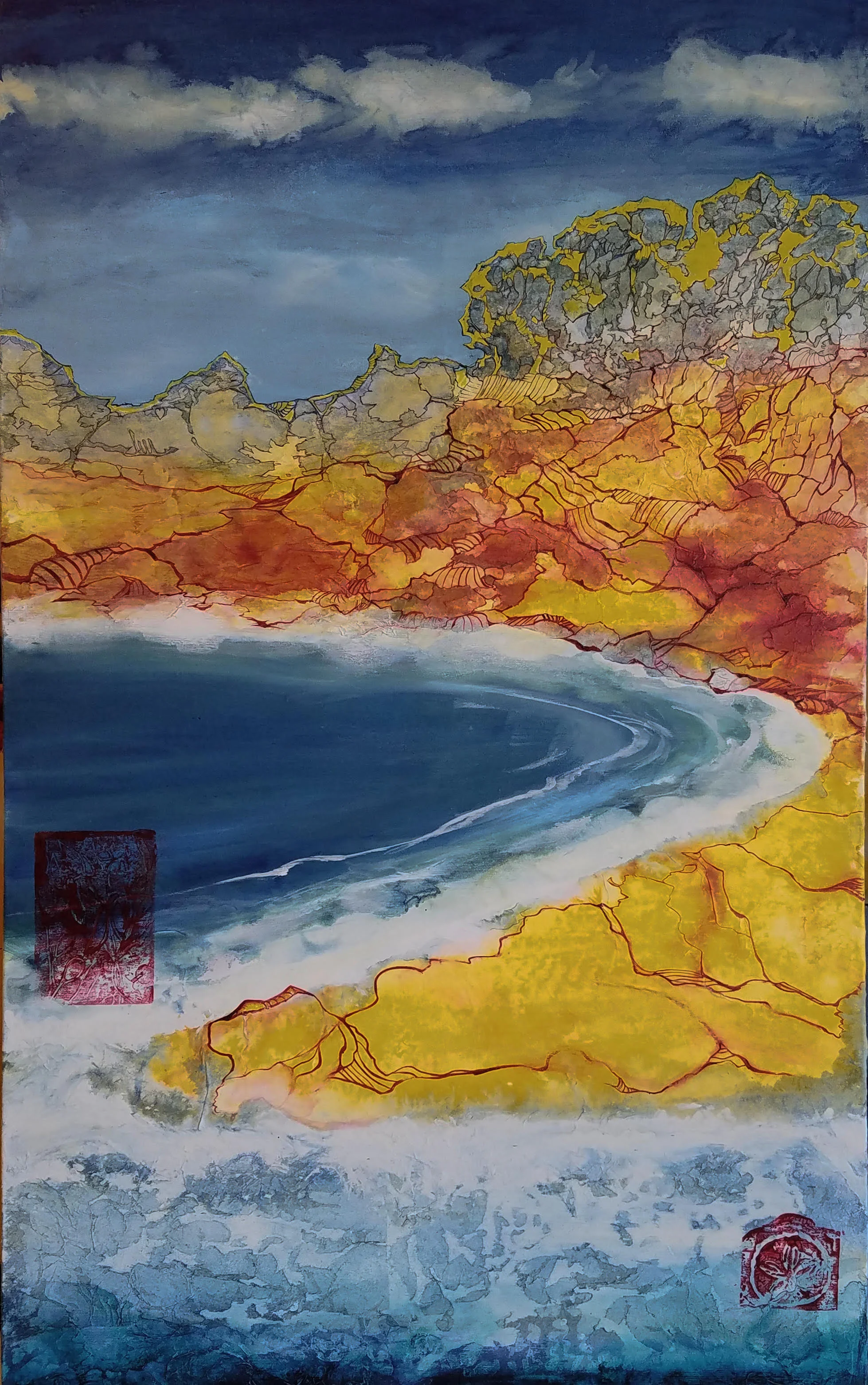 Lisa Stark creates fine art and lives her life on the beaches of Santa Cruz. She also writes software. Because of her passion for both escaping outdoors and coding complex computer systems, Lisa explores the world through two lenses, both analog and digital. Her acrylic and multimedia works fluidly blend her vision for the aesthetic and analytical, fusing organic and geometric elements.