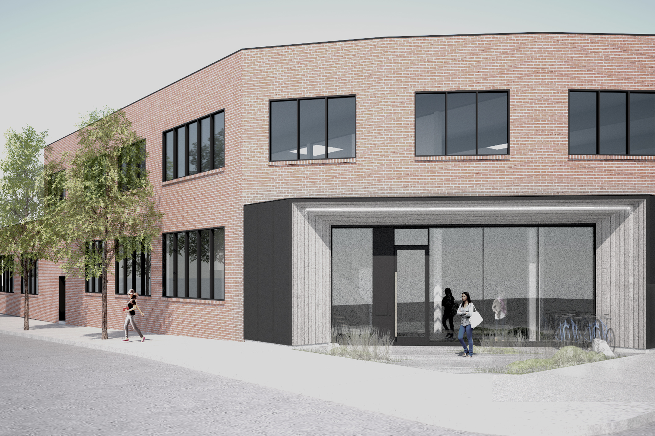 rendering, pettygrove brick office building storefront, large entry door