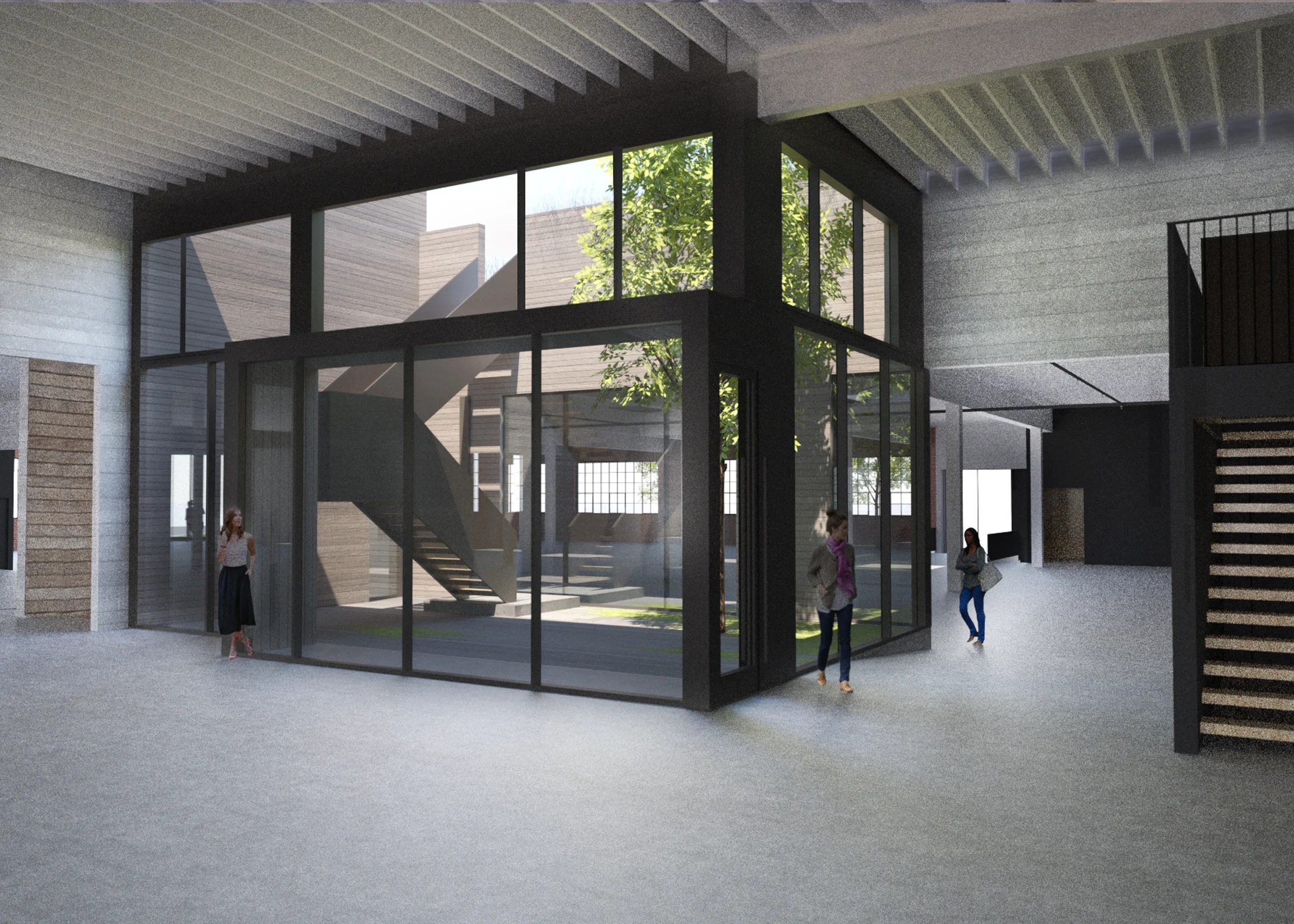 rendering, inner courtyard of office building with tree and stairs to roof top
