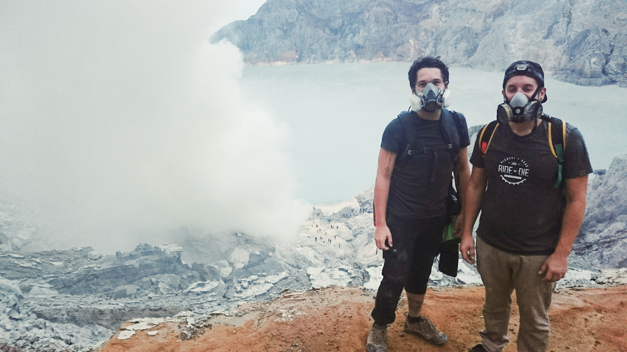 Mike & I inside a volcano's sulfer mine, in Indonesia on Christmas morning.