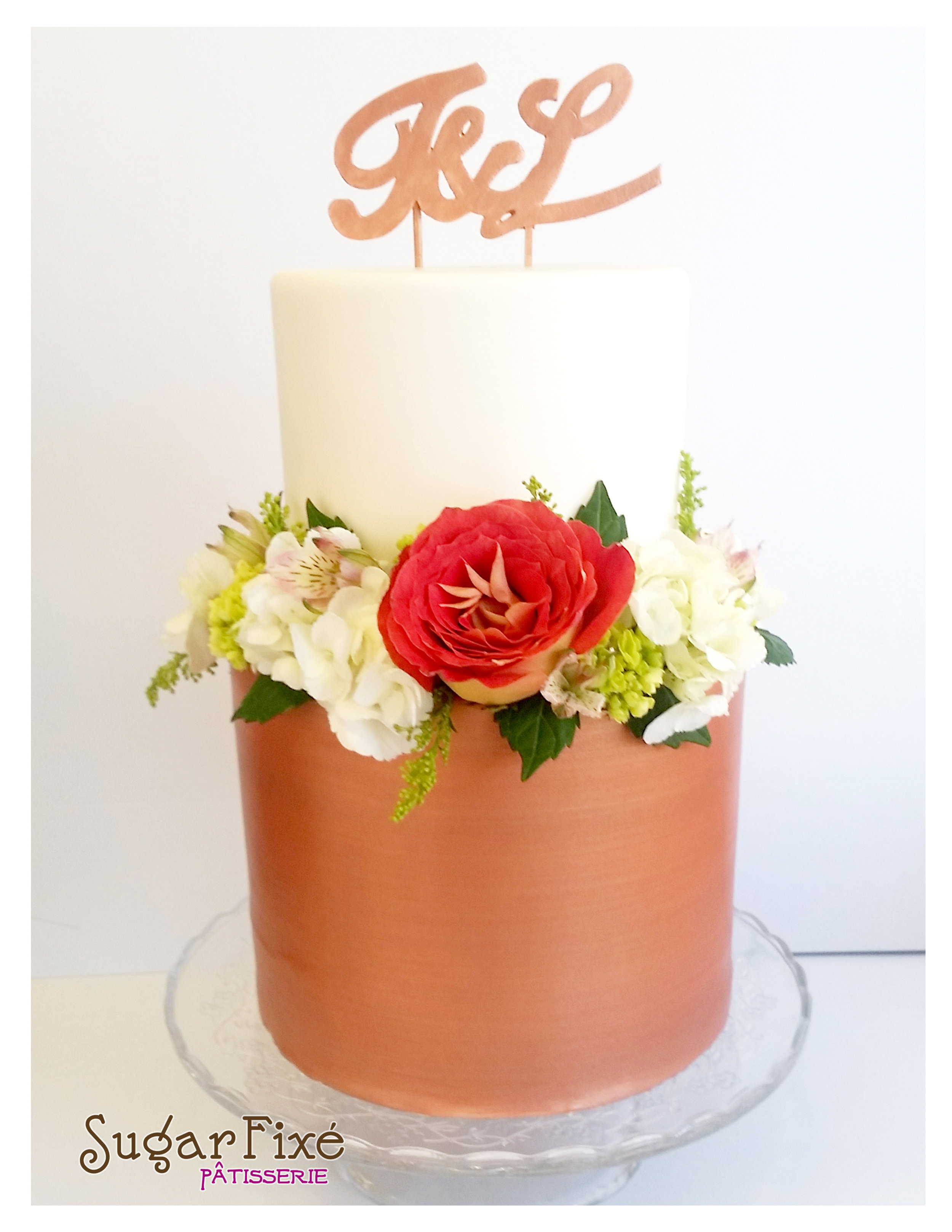 2 tier rose gold fondant topper fresh florals.jpg