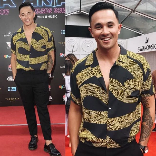 @cyrusvill on the carpet last night in @double_rainbouu 🌘🌗🌔 #cyrusvillanueva #arias