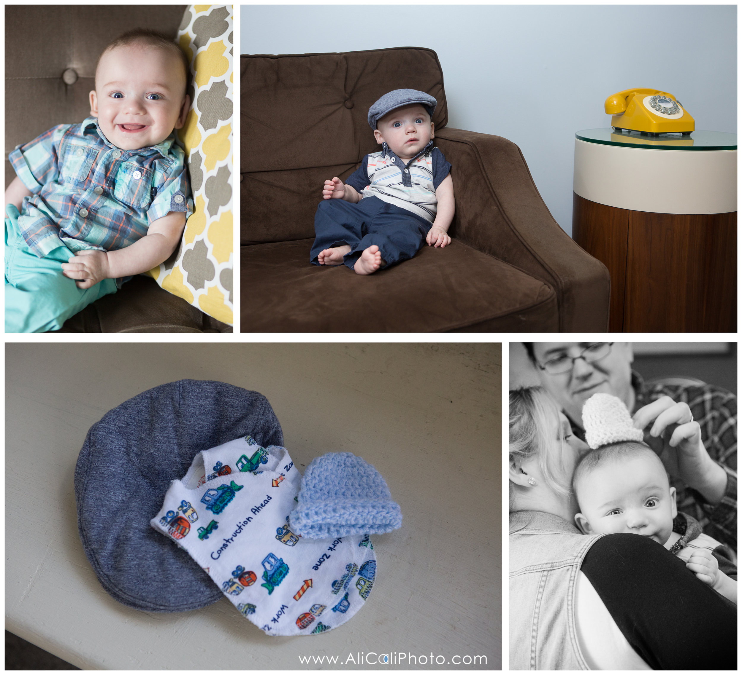 These photos incorporate the hat and first outfit Mr. L wore. You can see his current hat beneath them for reference, as well as the photo with it on his head. My how far you've come little man! (Also, if we consider that look he gave me in the last photo, I'm pretty sure he thinks I'm crazy. ;o) He may be on to something...)