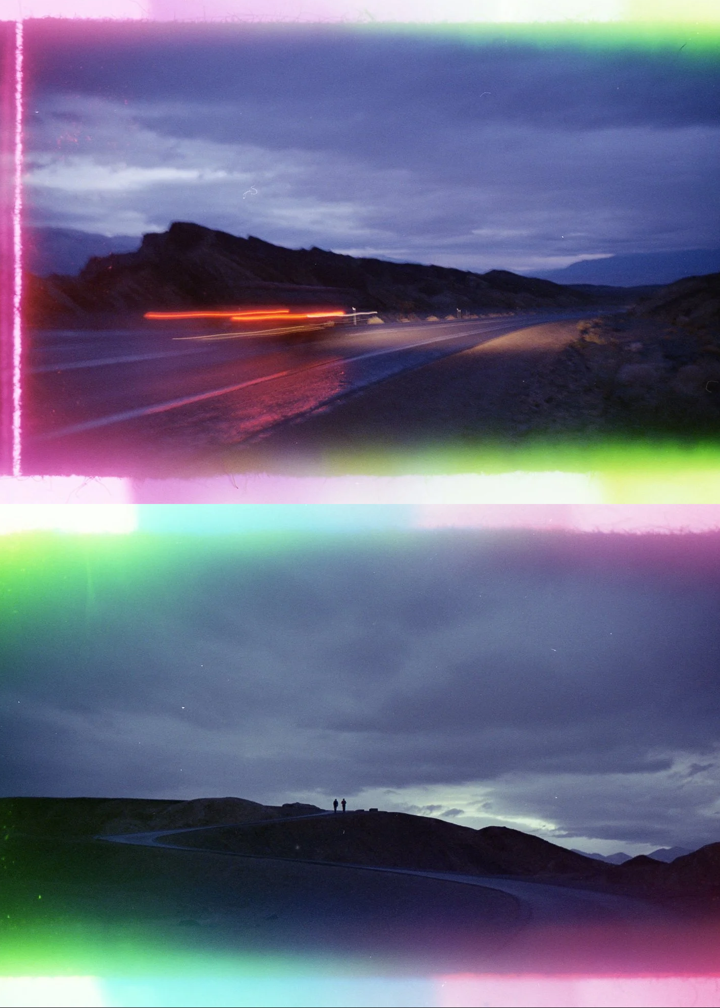Lights and mountains shot on Psych Blues 5, an experimental film stock with interesting light leaks