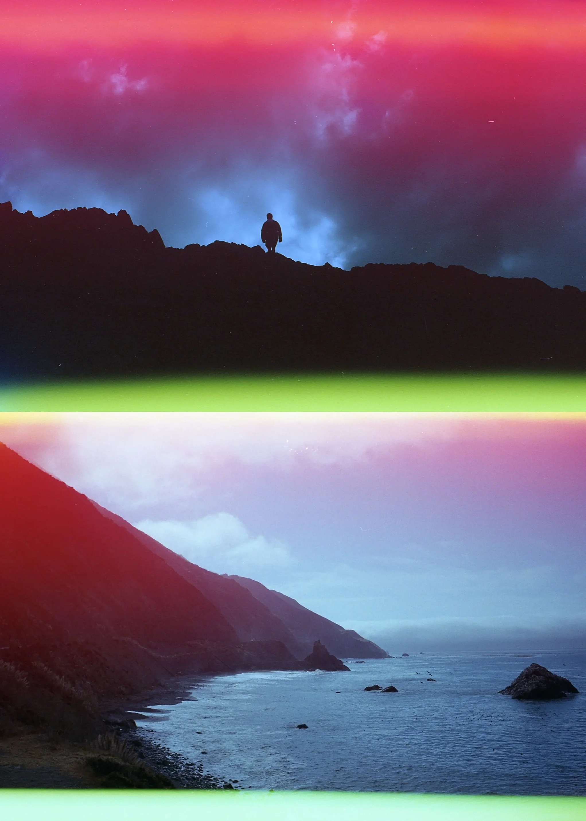 Two landscapes shot on Psych Blues 2, an experimental film stock