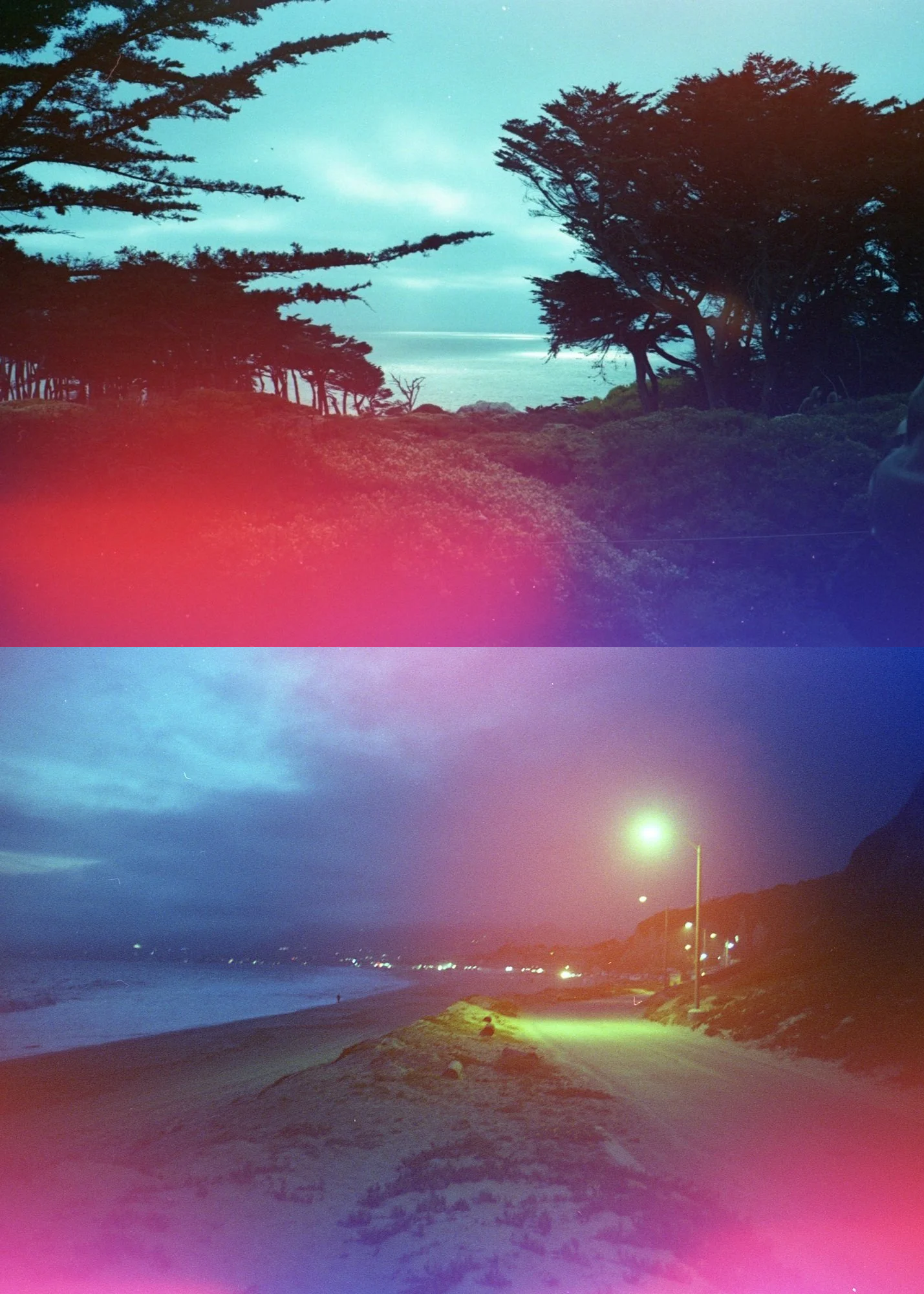Two landscapes shot on Psych Blues 3, an experimental film stock