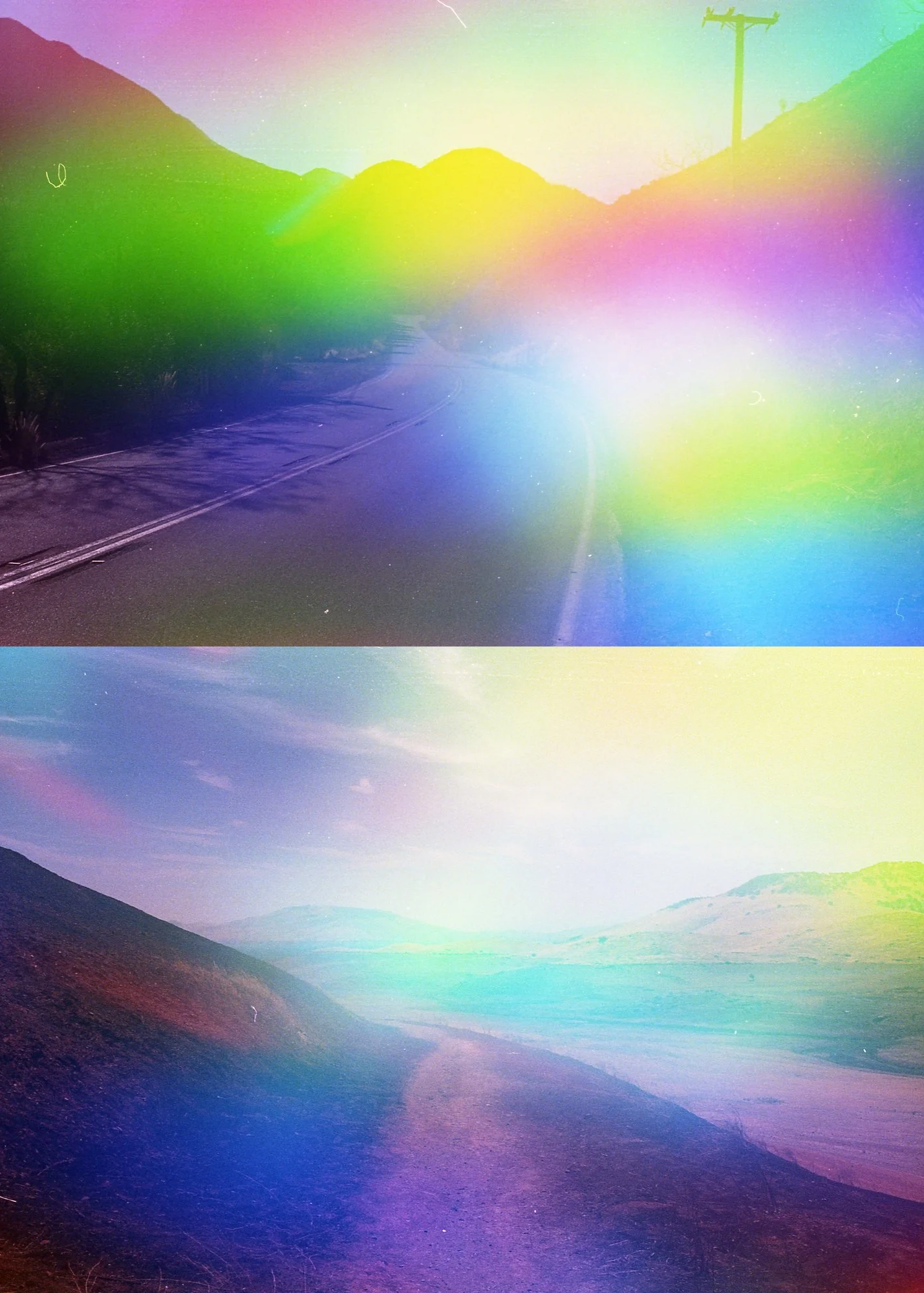 A road and a hiking trail shot on Psych Blues 4, an experimental film stock
