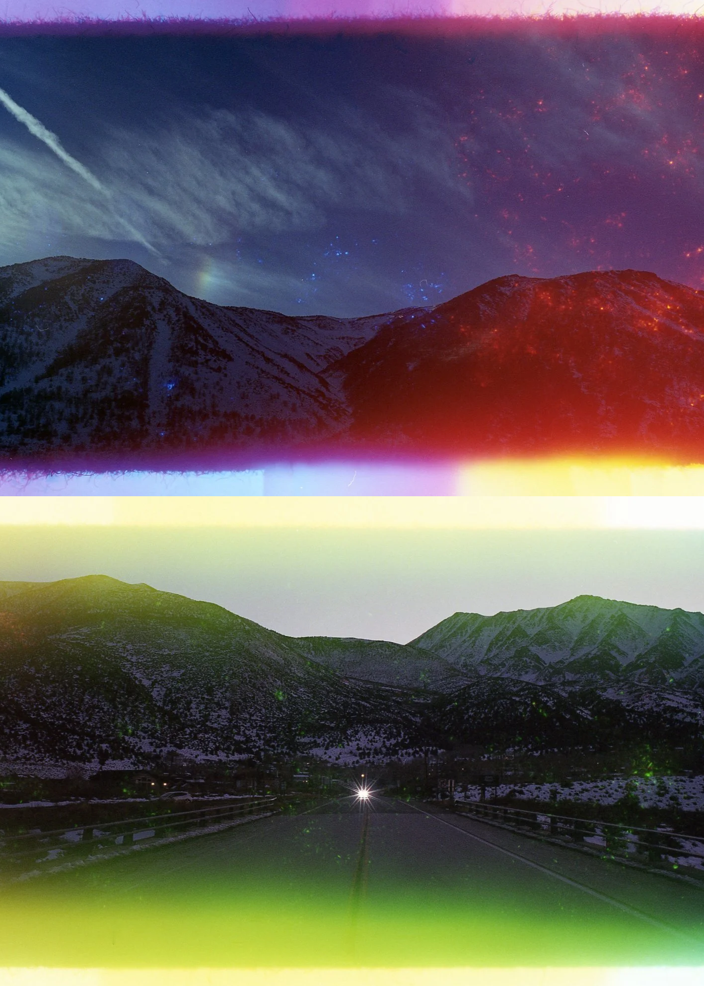 Psych Blues #5, pre-exposed 35mm film image of two large mountain ranges
