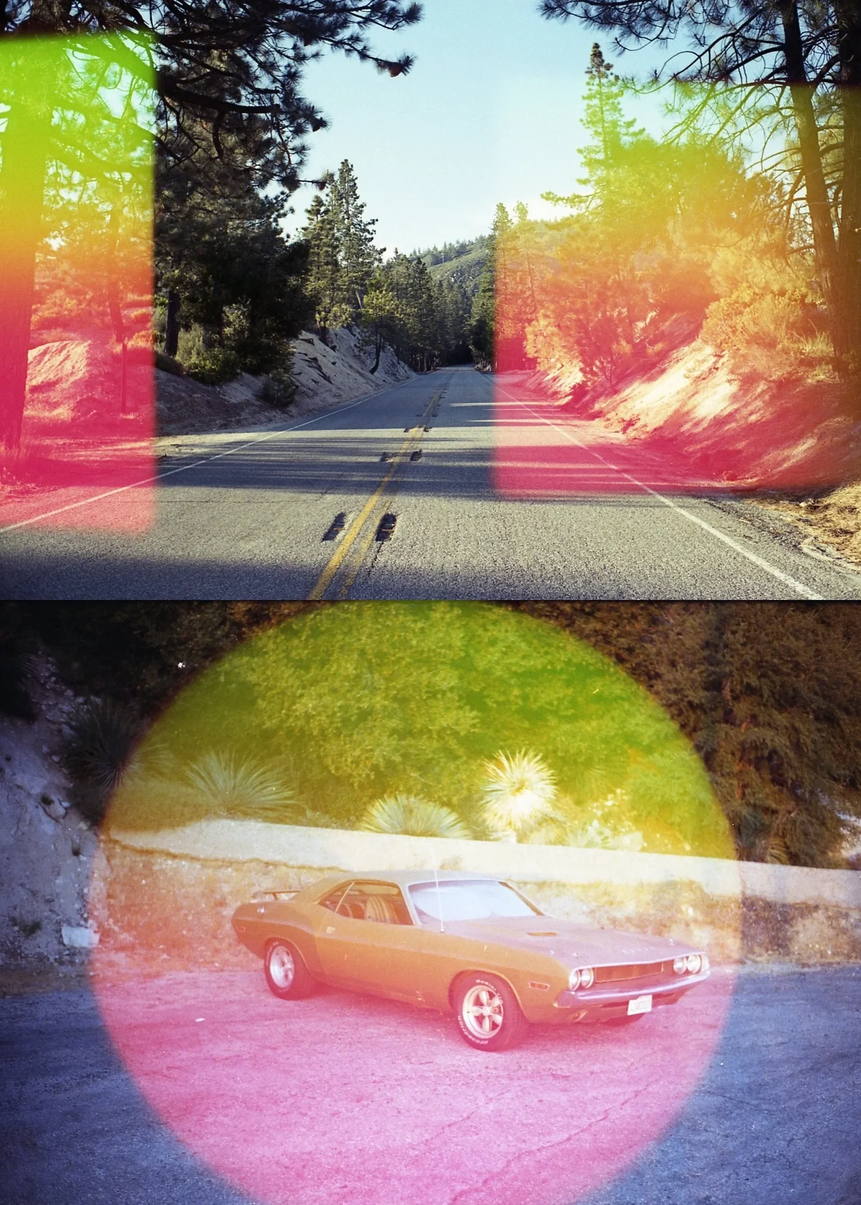 Psych Blues #6, experimental 35mm film image of a car and a road
