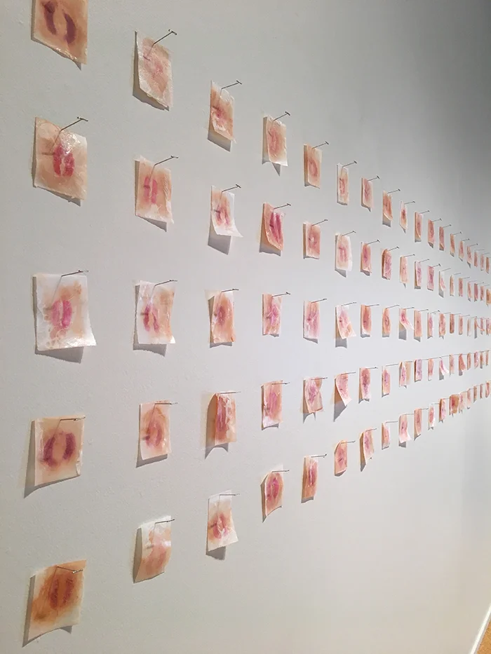 hers/his , 2016. Lipstick, oil, & wax on velum. 