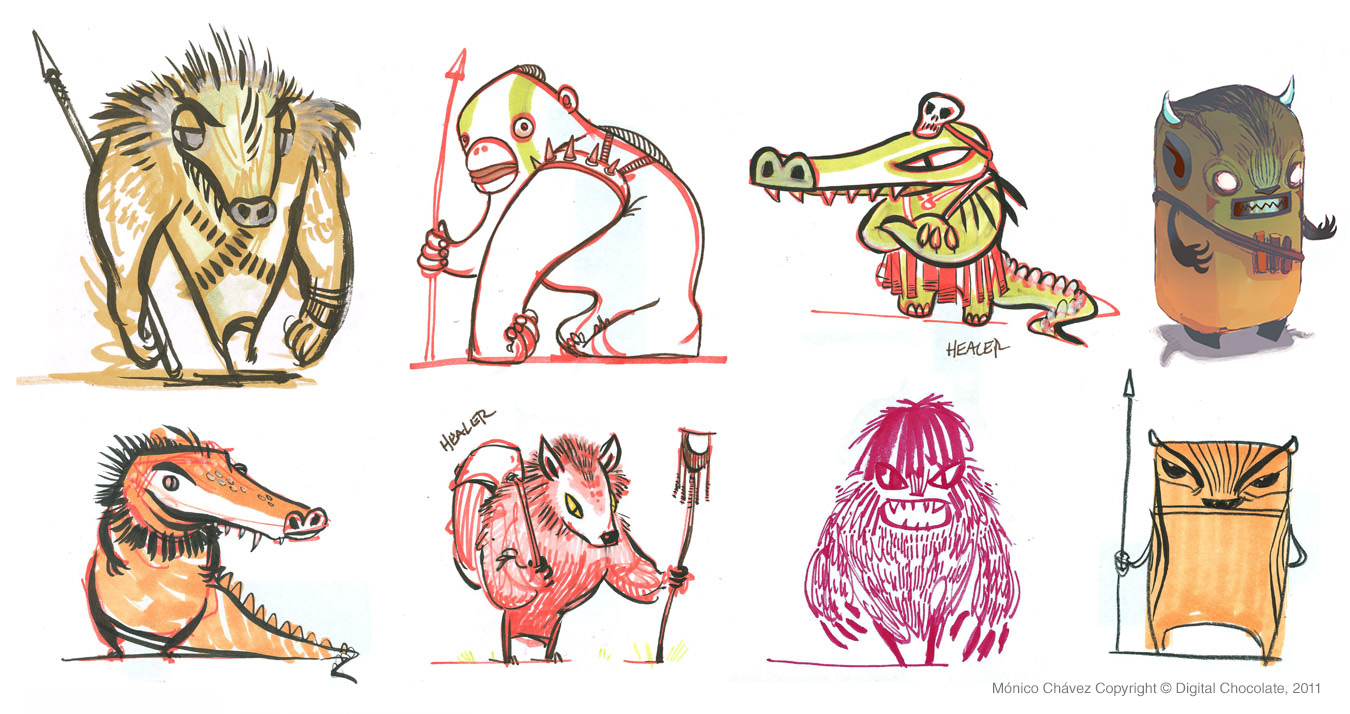  Social game concept characters.  Ink, colored pencil &amp; marker 