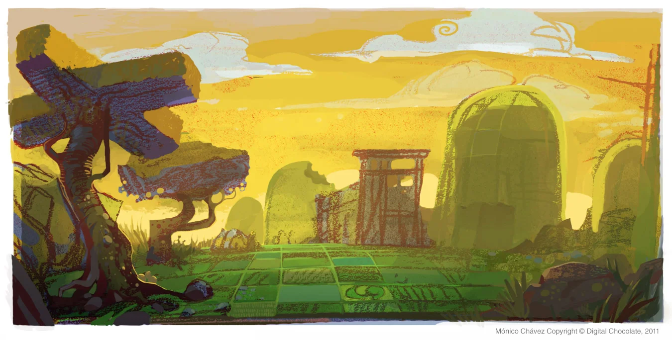 Game concept environment. Digital & colored pencil
