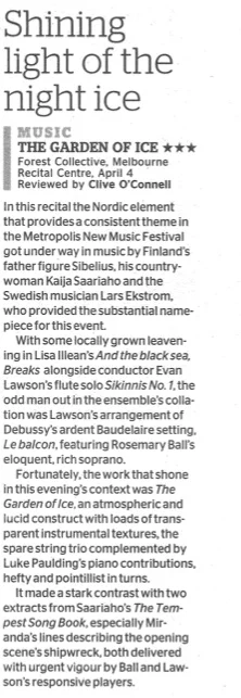 Review of The Garden of Ice, April 4 2014 by Clive O’Connell. Published in The Age, April 7, 2014.