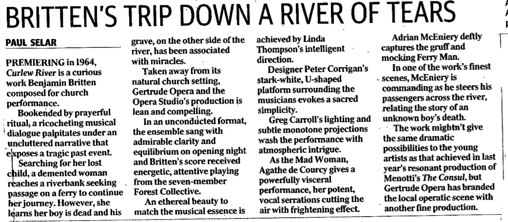 Review from the Herald Sun, June 2nd 2015 for Curlew River , Benjamin Britten