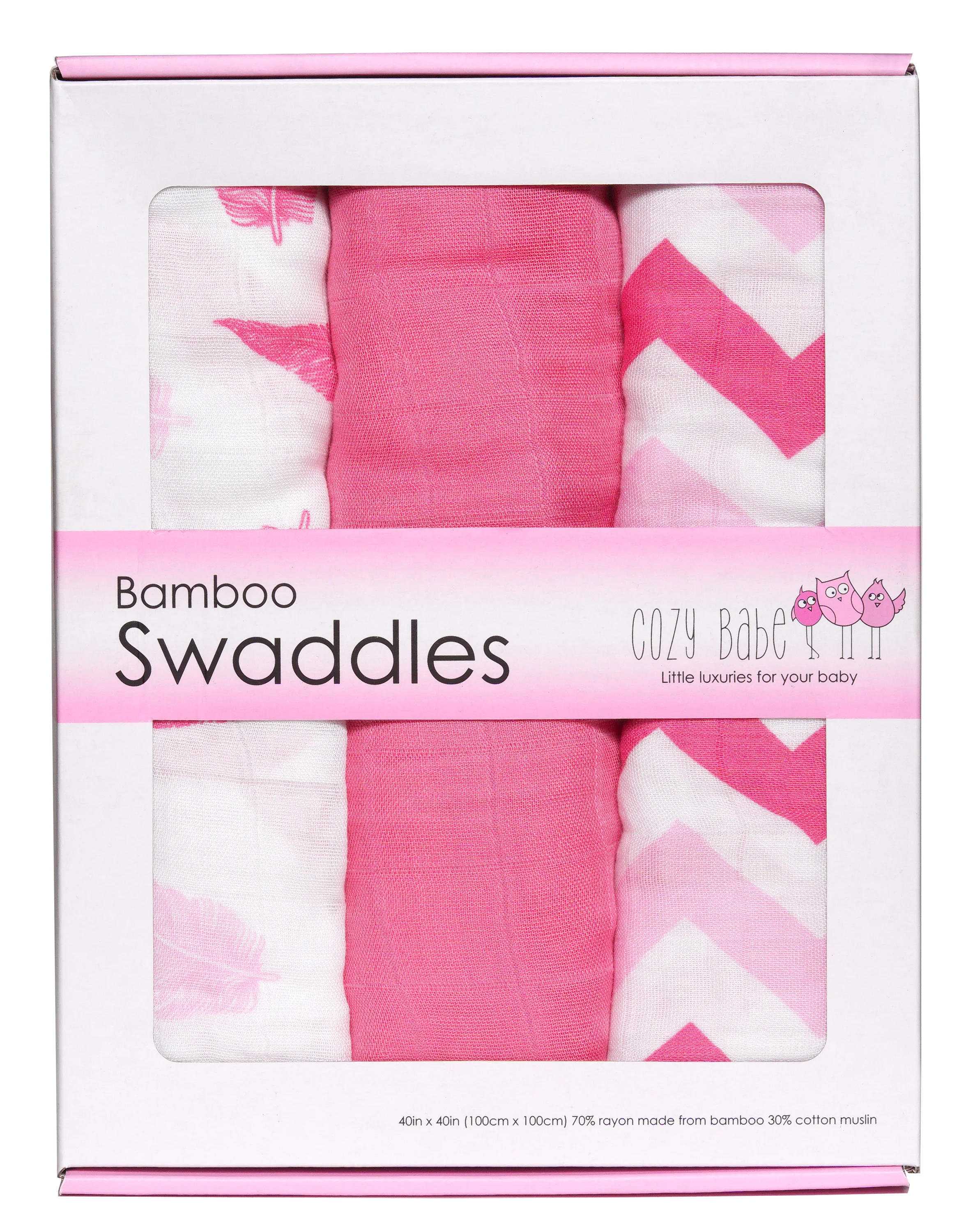 Bamboo Muslin Swaddle Blankets - Pink Feather 3pk
