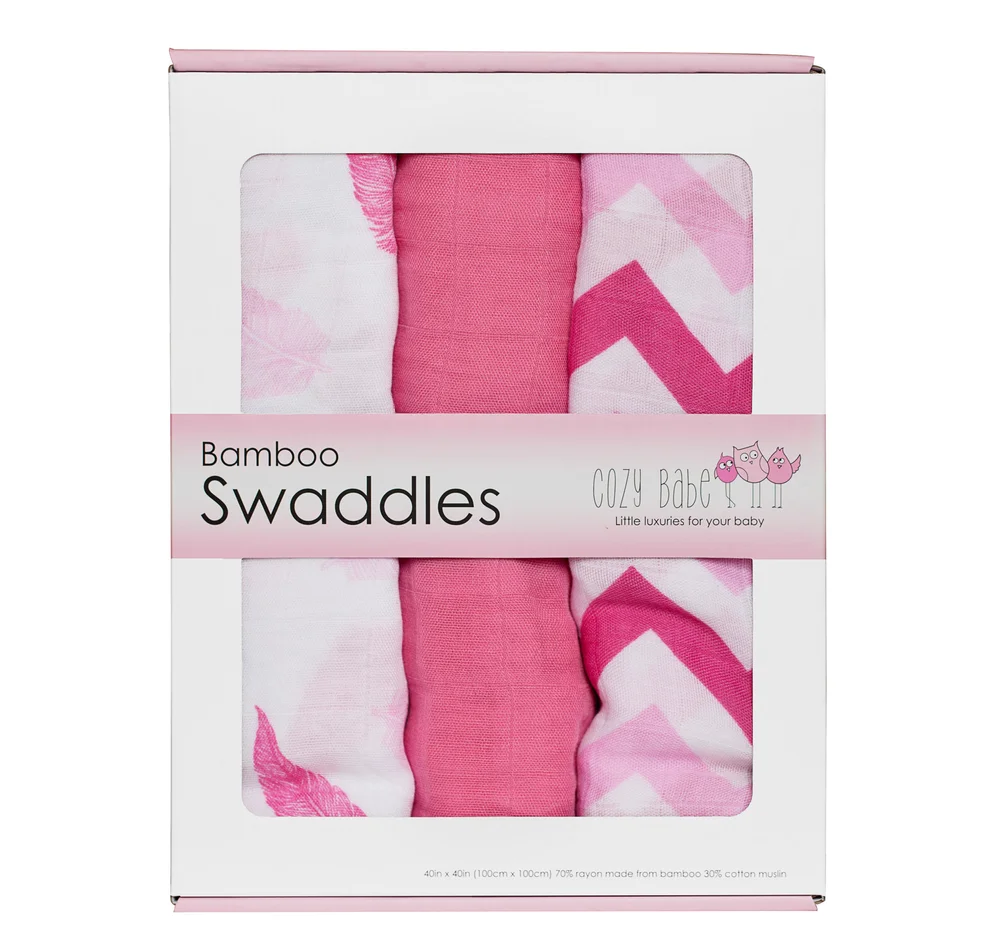 Bamboo Muslin Swaddle Blankets Pink Feather 3pk — Cozy Babe