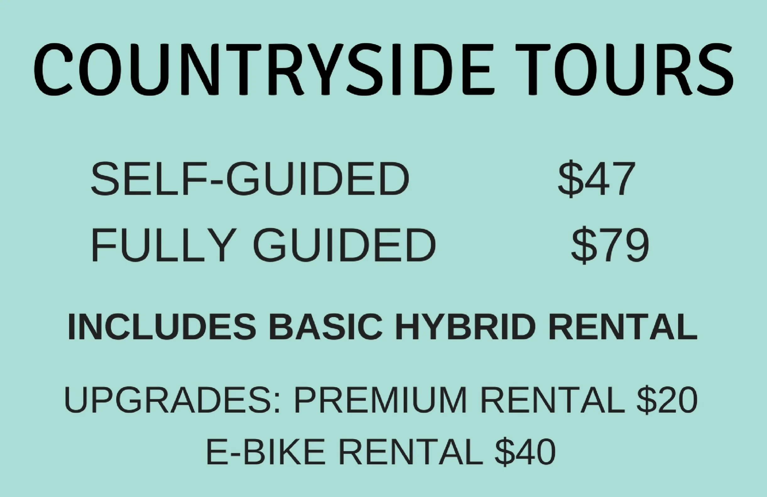 All Self-Guided Tours include: Basic Hybrid Bicycle rental for 4 hours, a helmet, on-call roadside assistance, a patch kit and printed maps with route options and points of interests.
