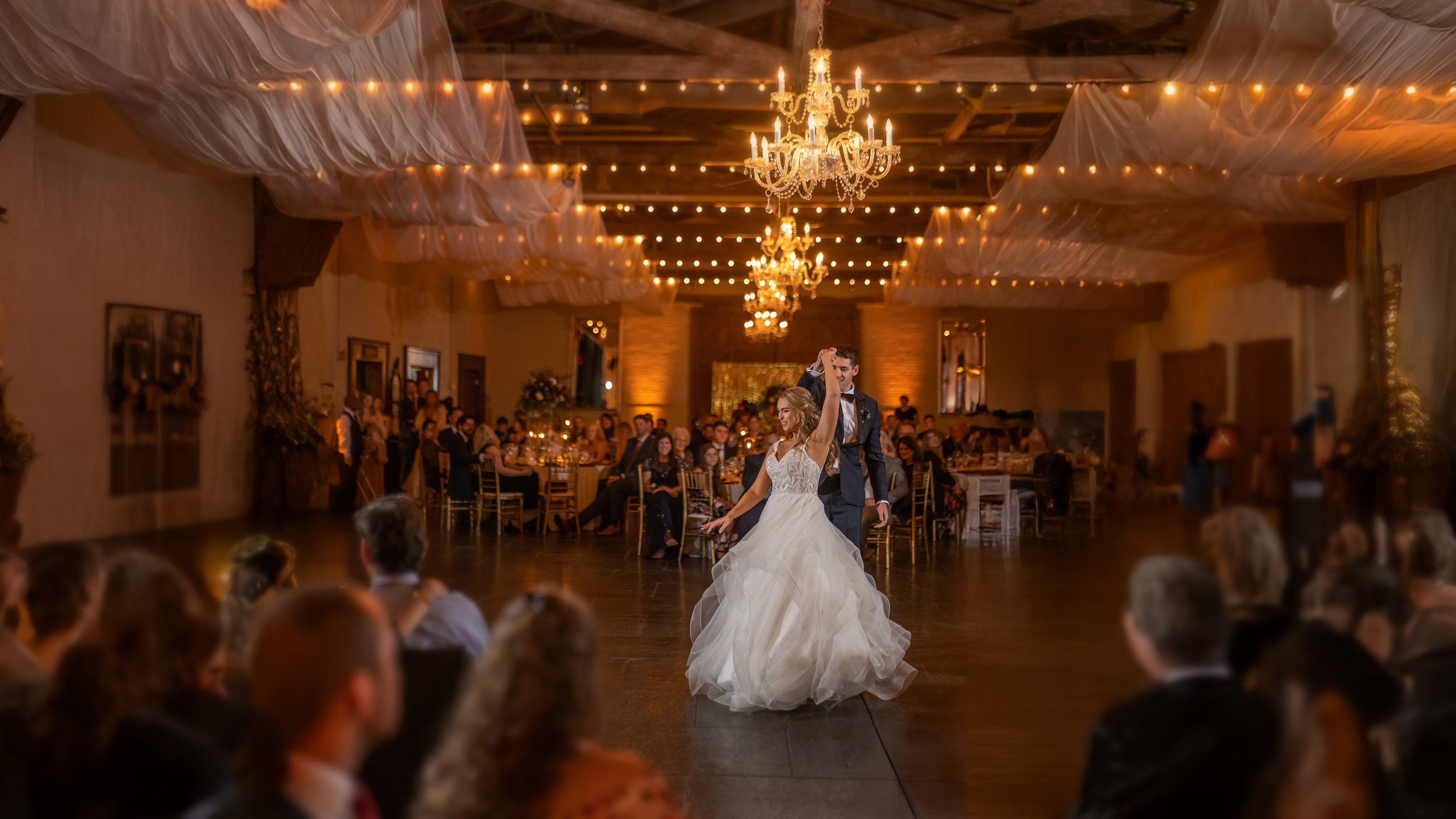 The bride and groom's first dance at their wedding reception at Savannah Station