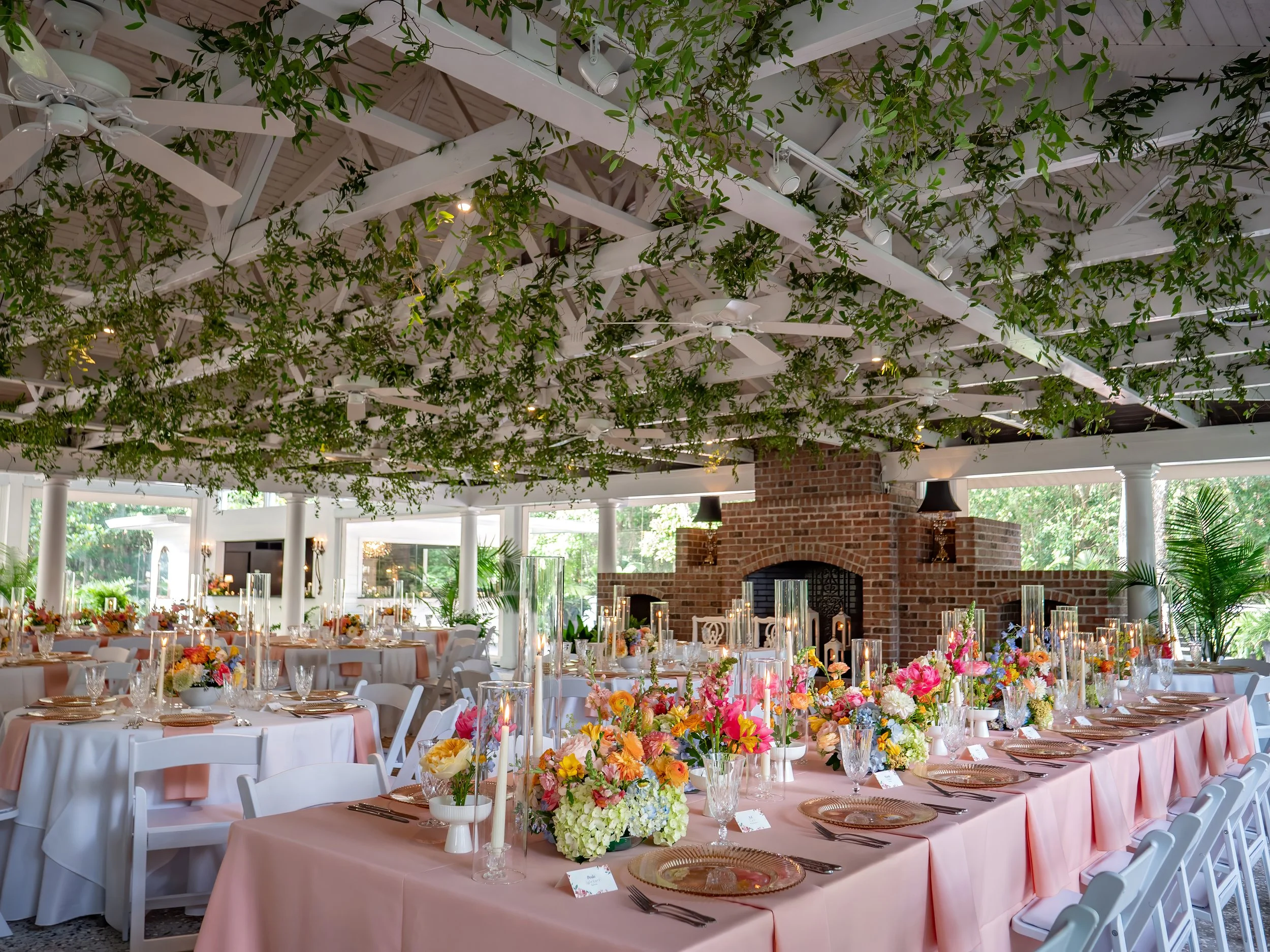 Elegant wedding reception decor and table settings prepared for a celebration at The Mackey House wedding venue in Savannah, Georgia.