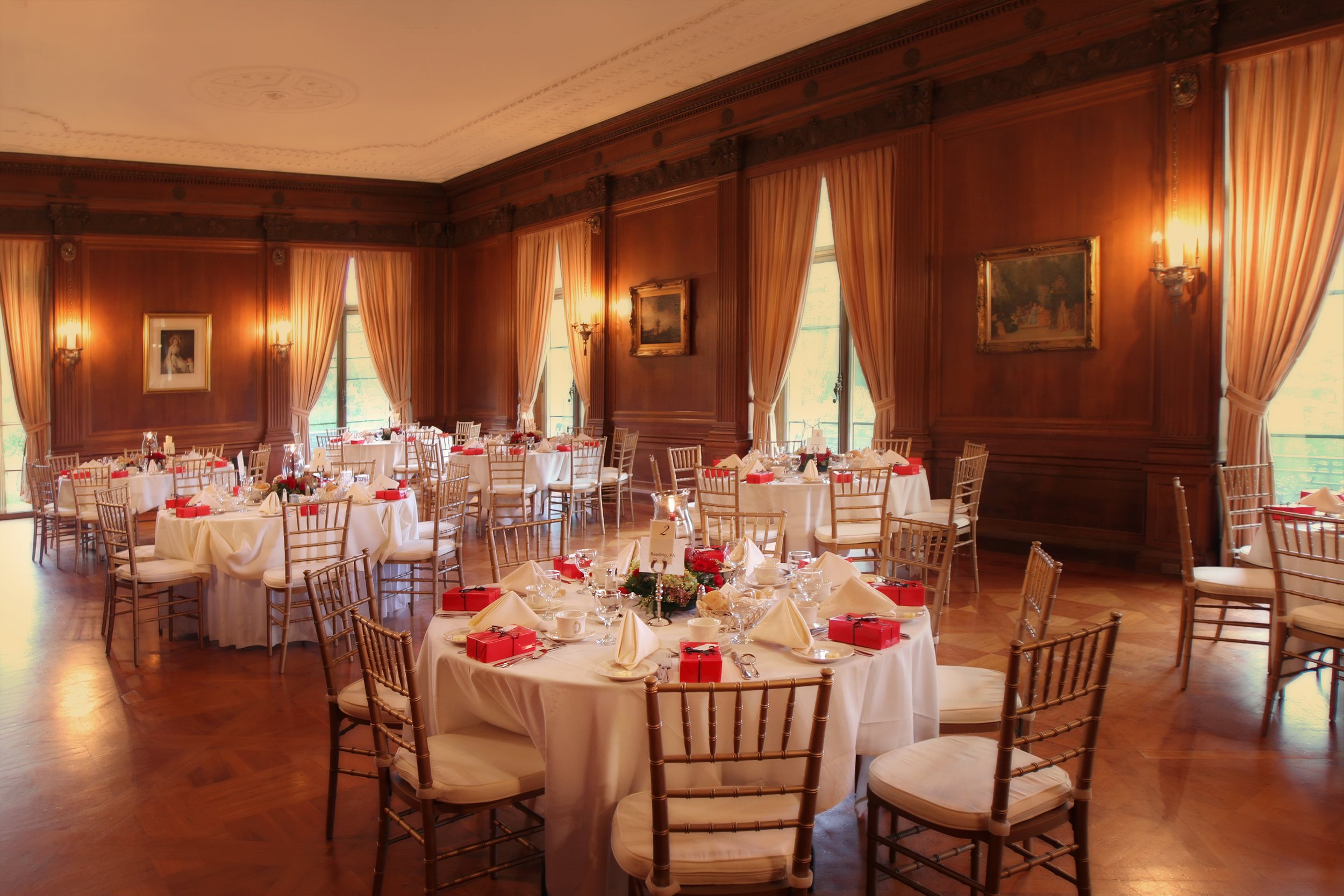 Elegant wedding décor displayed in the historic interior rooms of Aldrich Mansion.