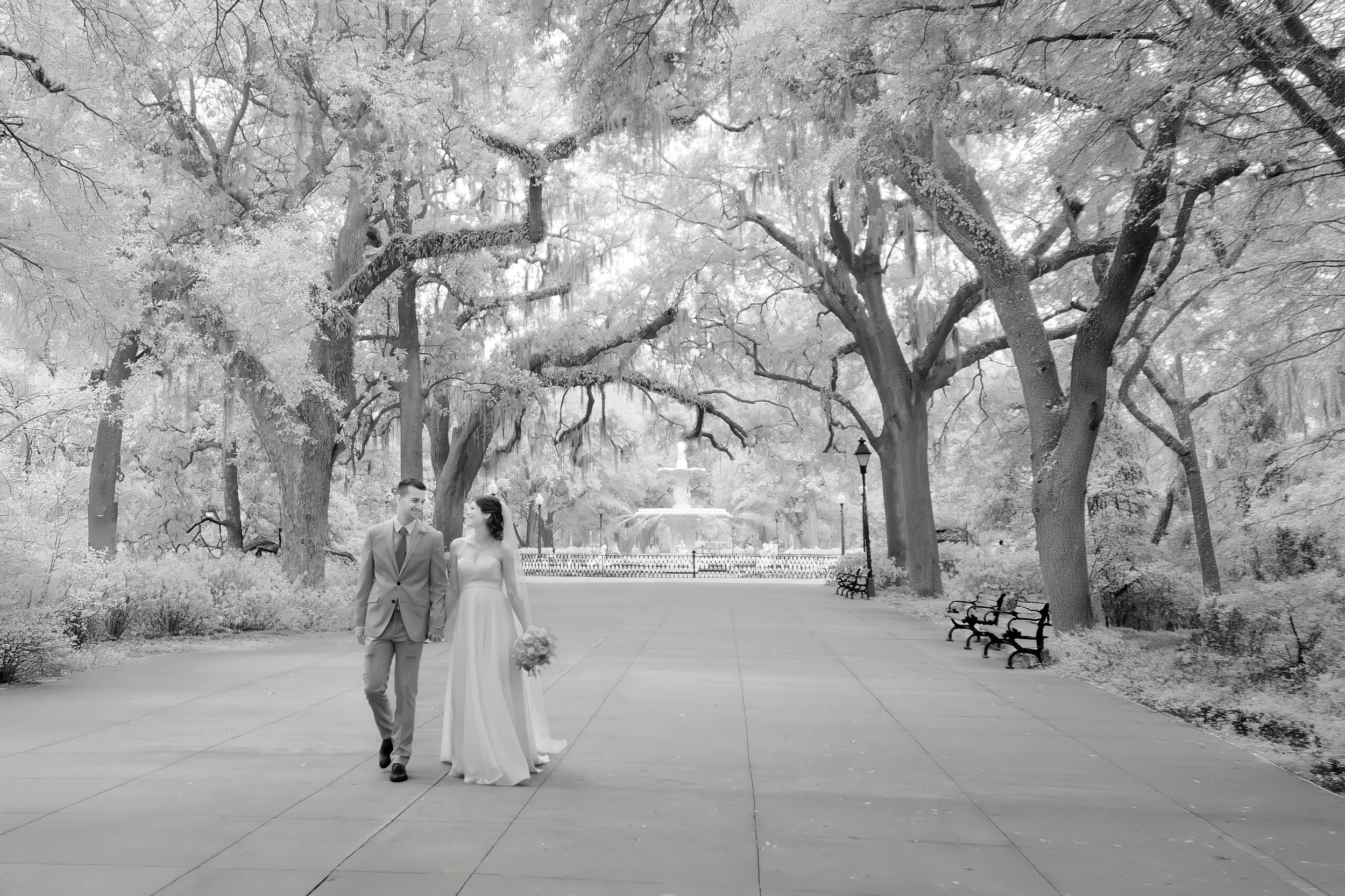 Savannah elopement packages infrared black and white fine art photography capturing an ethereal wedding moment