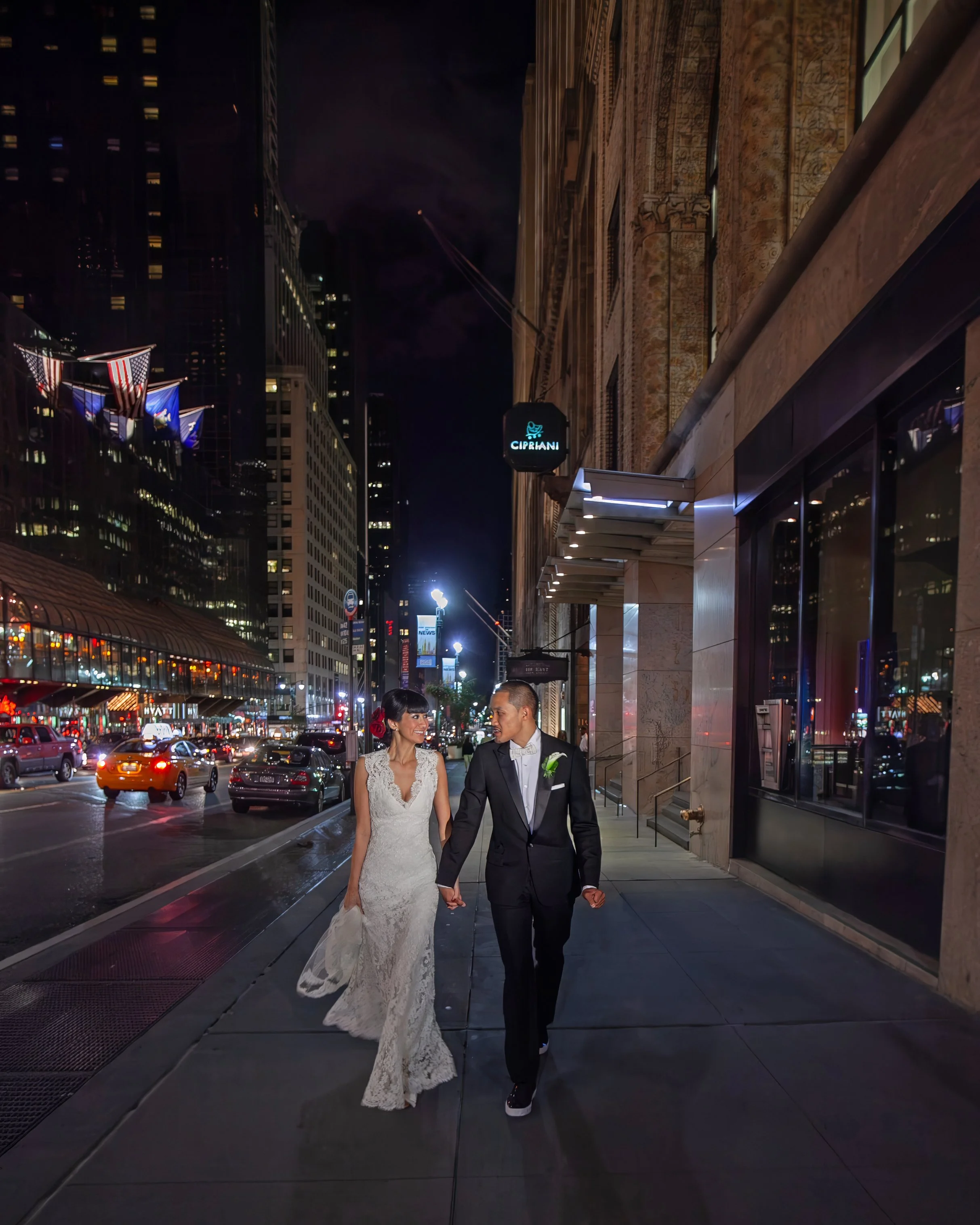 Wedding Street Photography Outside Cipriani 42nd Street in New York City at Night