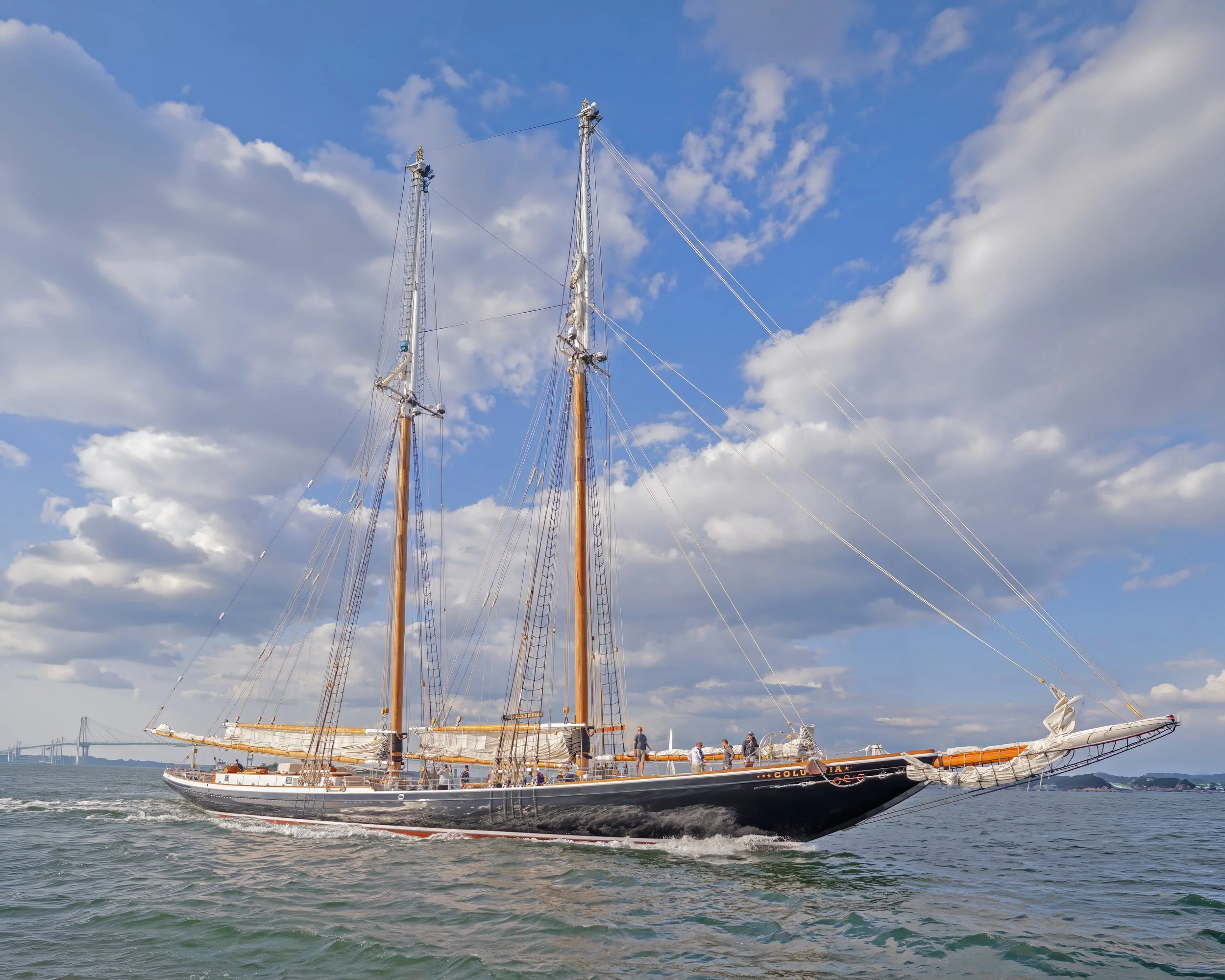 A classic schooner sailing through Narragansett Bay near Newport, Rhode Island.