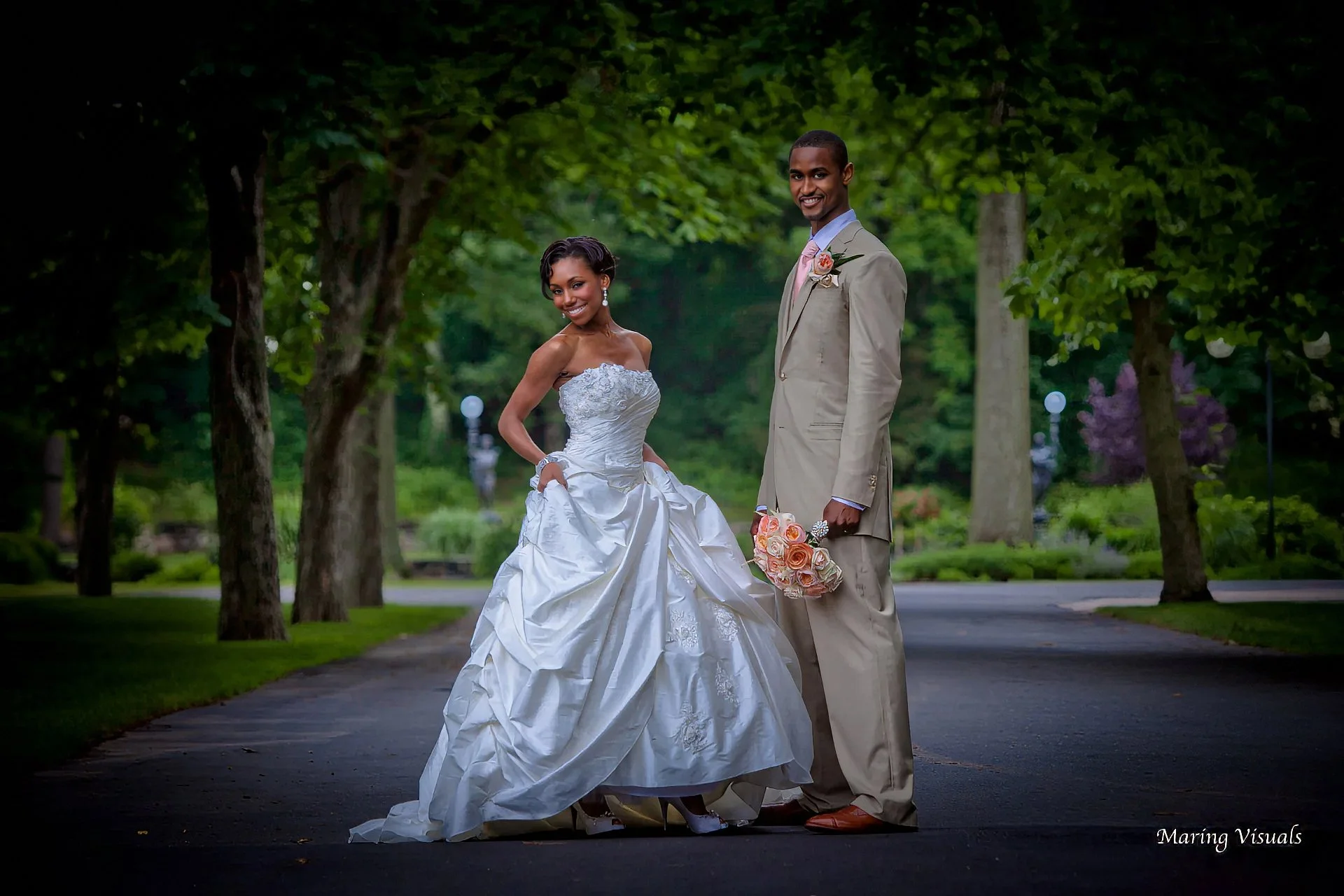 Bride and groom portrait at a historic Connecticut estate wedding venue.