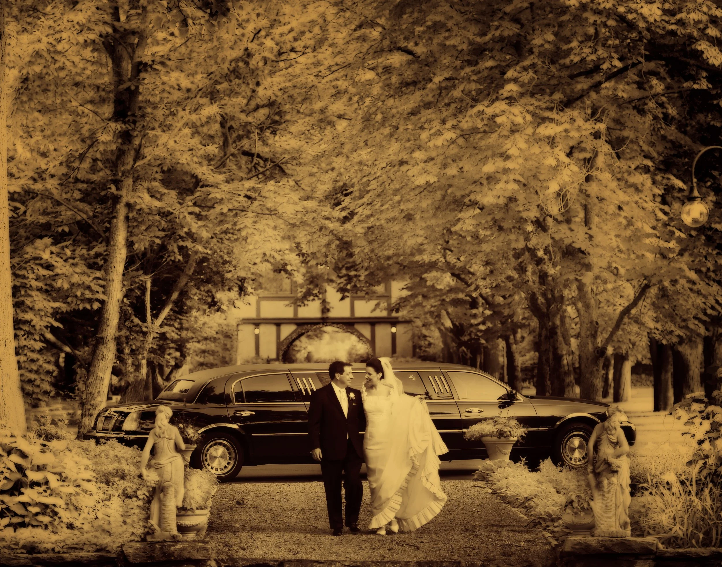 Bride and groom exit a limousine and walk into the sunken gardens at Saint Clements Castle.