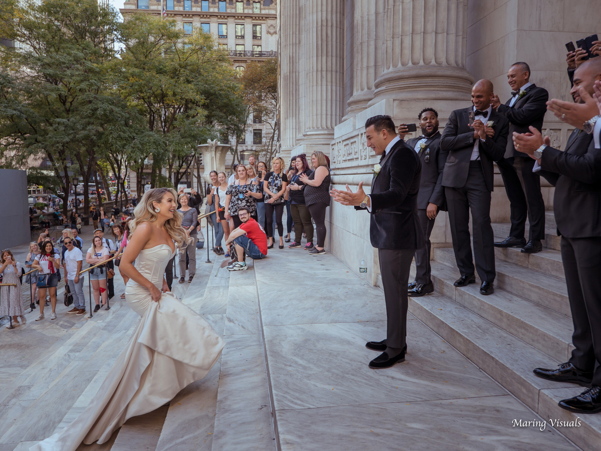 First look on the steps of the New York Public Library.