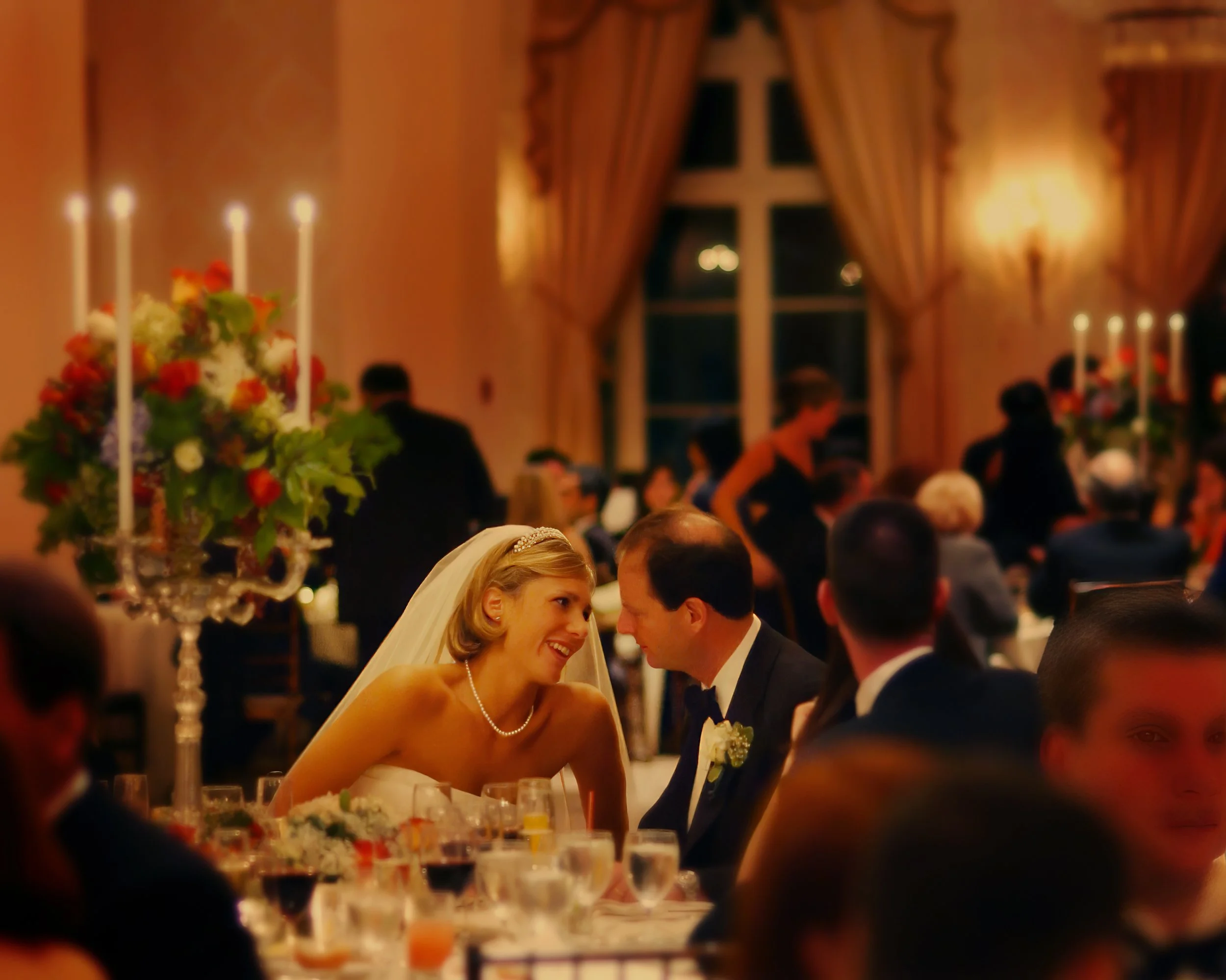 Bride and groom dinner conversation wedding at the Westchester Country Club