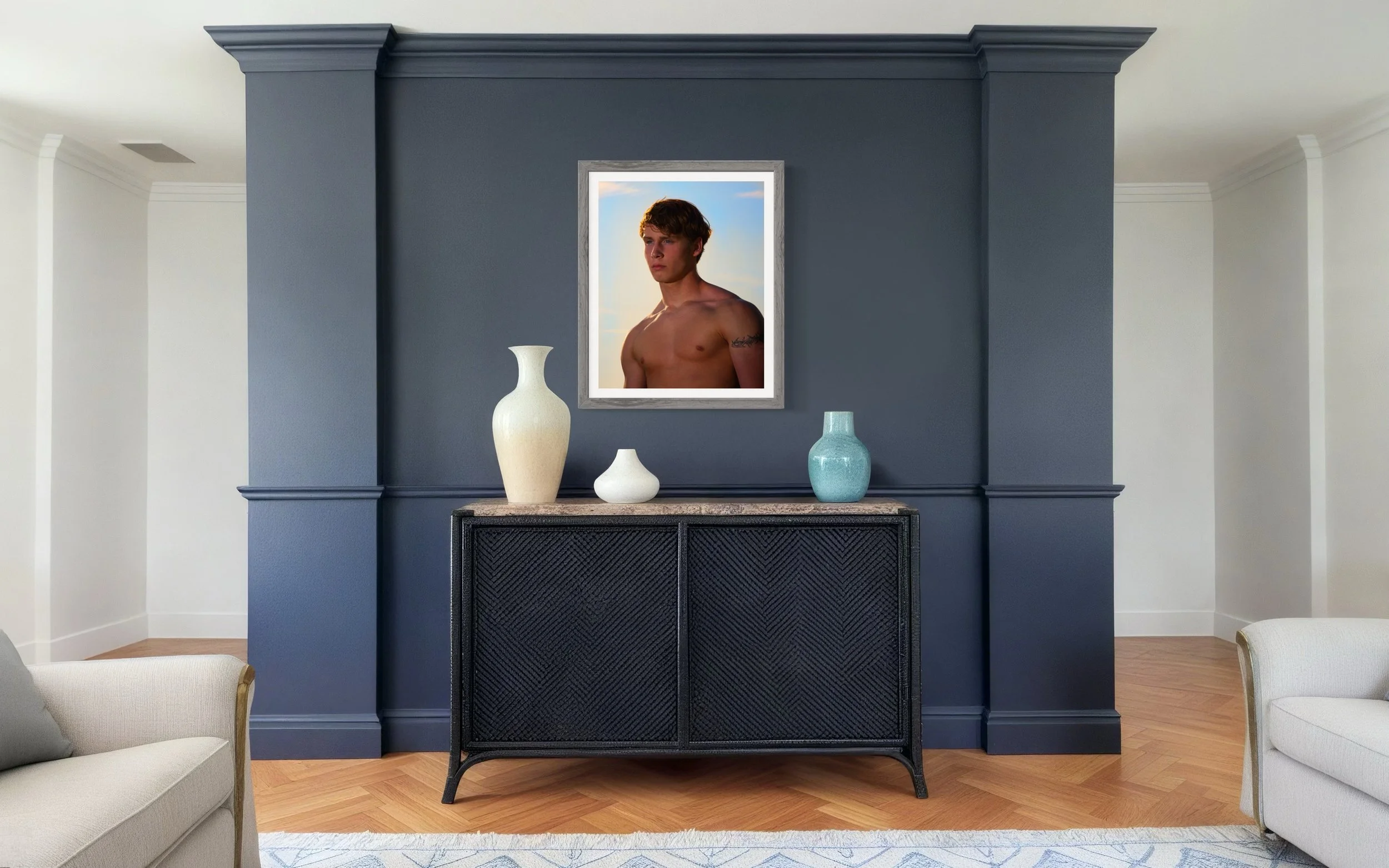 Connecticut senior portrait printed and framed in a bright, modern interior