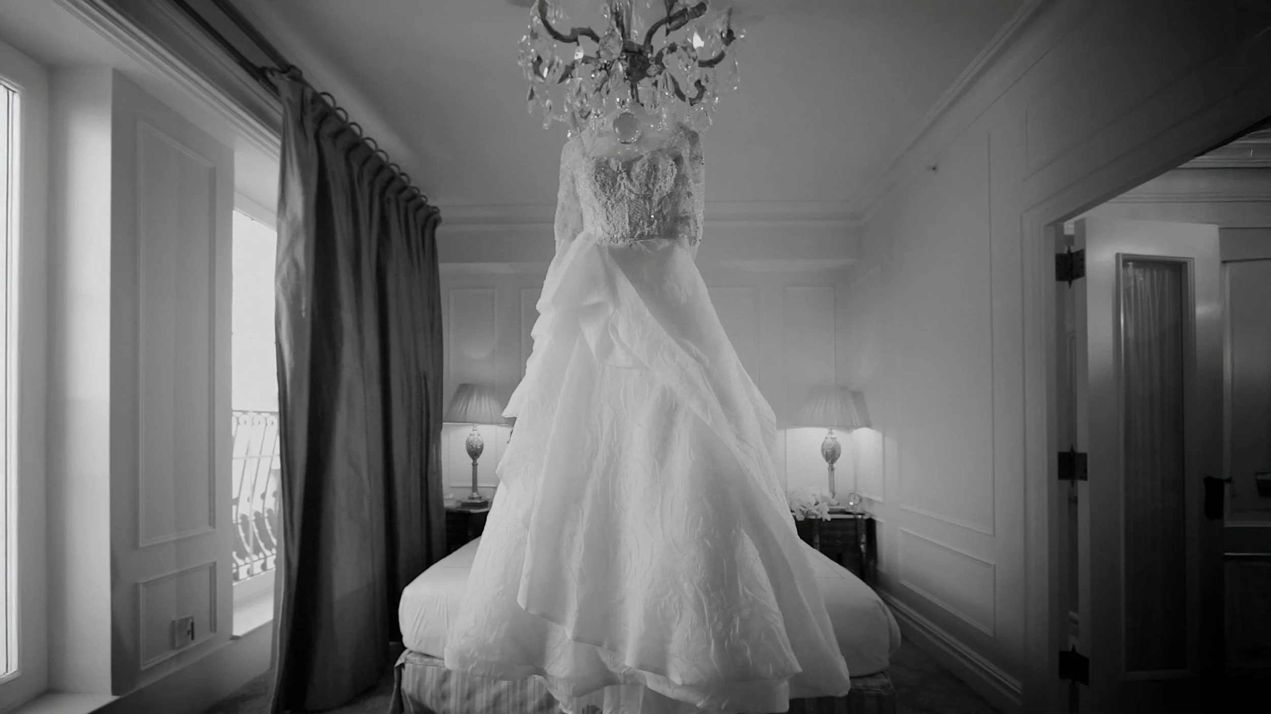 Bridal Gown Hung in Suite