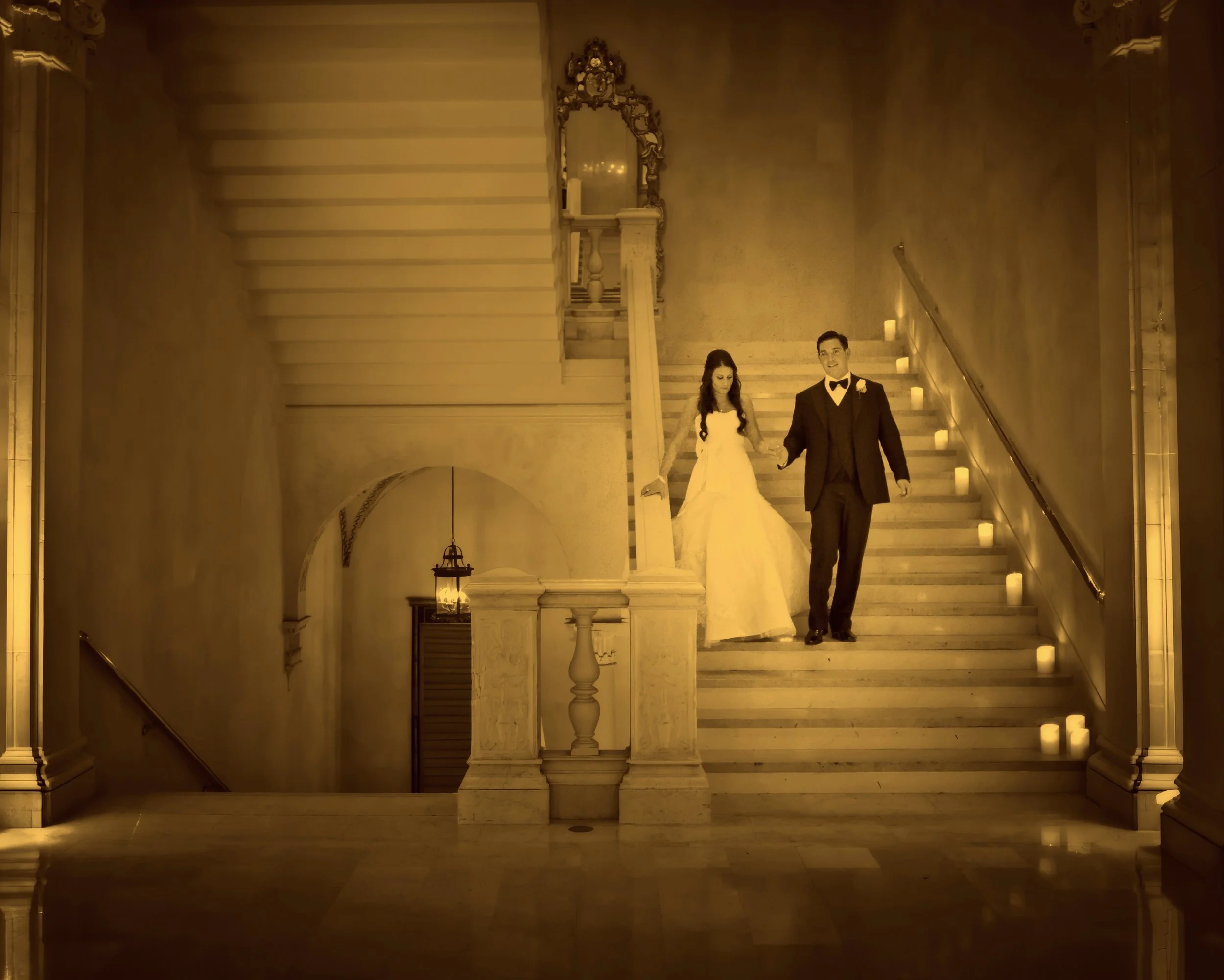 Bride and Groom Walk Marble Staircase