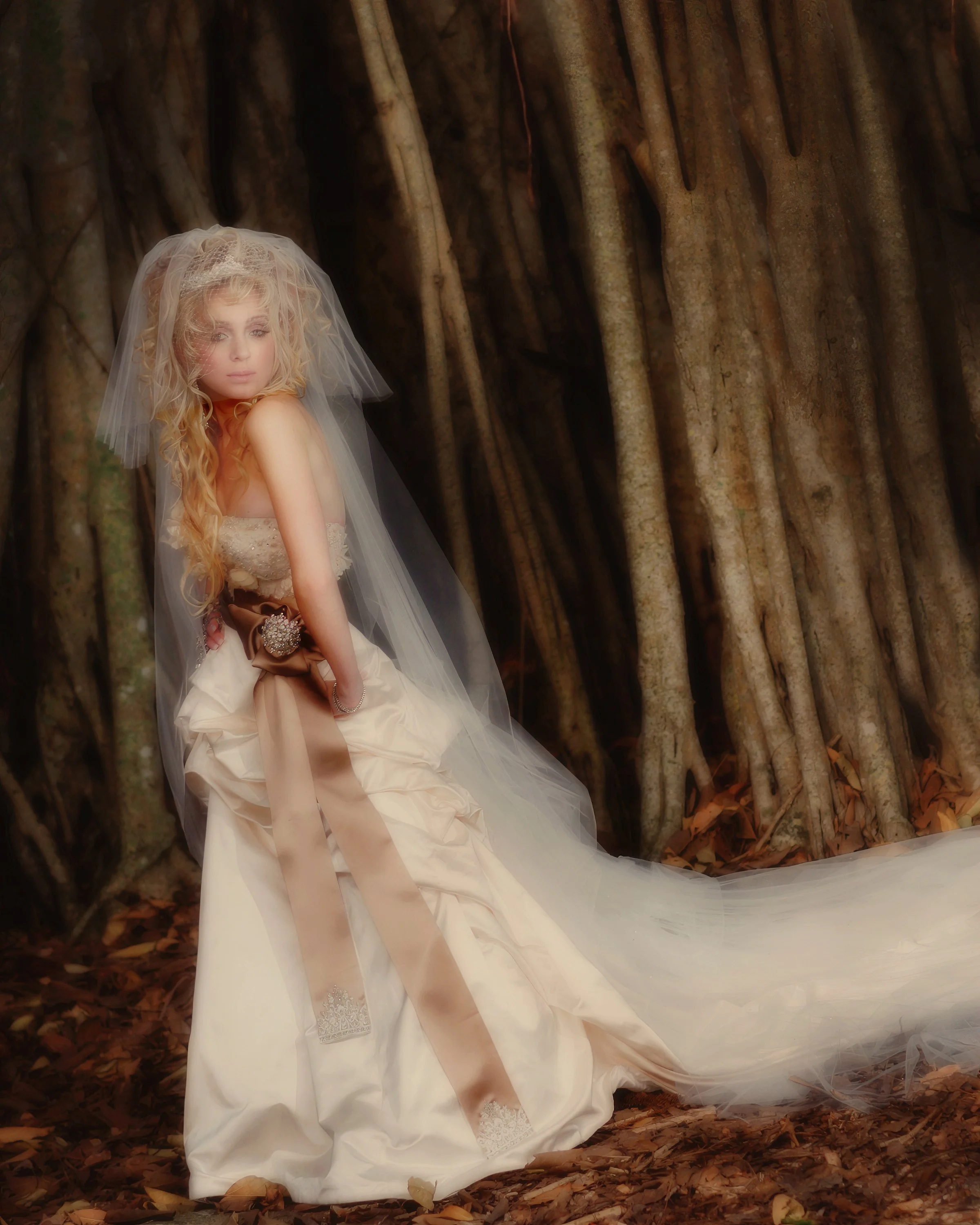Glamorous bride portrait against a Banyan tree at the Ringling Museum Sarasota