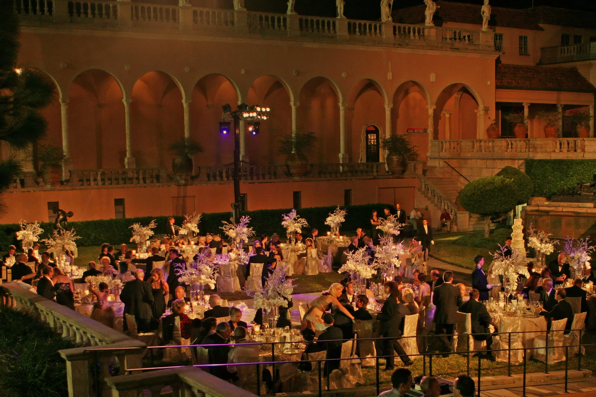 Ringling Museum wedding reception courtyard at night with ambient lighting