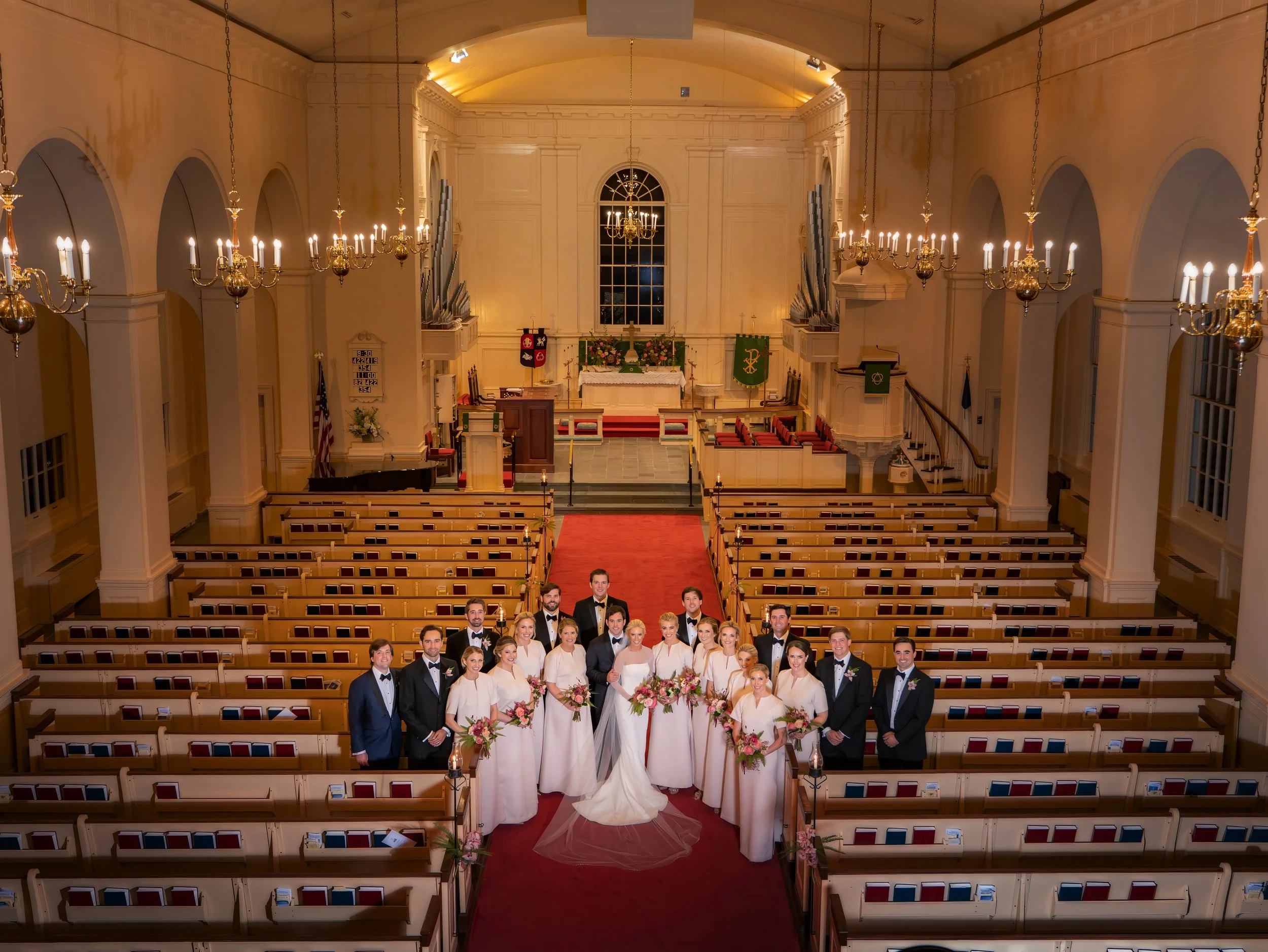 Wide Angle Portrait of Wedding Party at Pinehurst Village Chapel