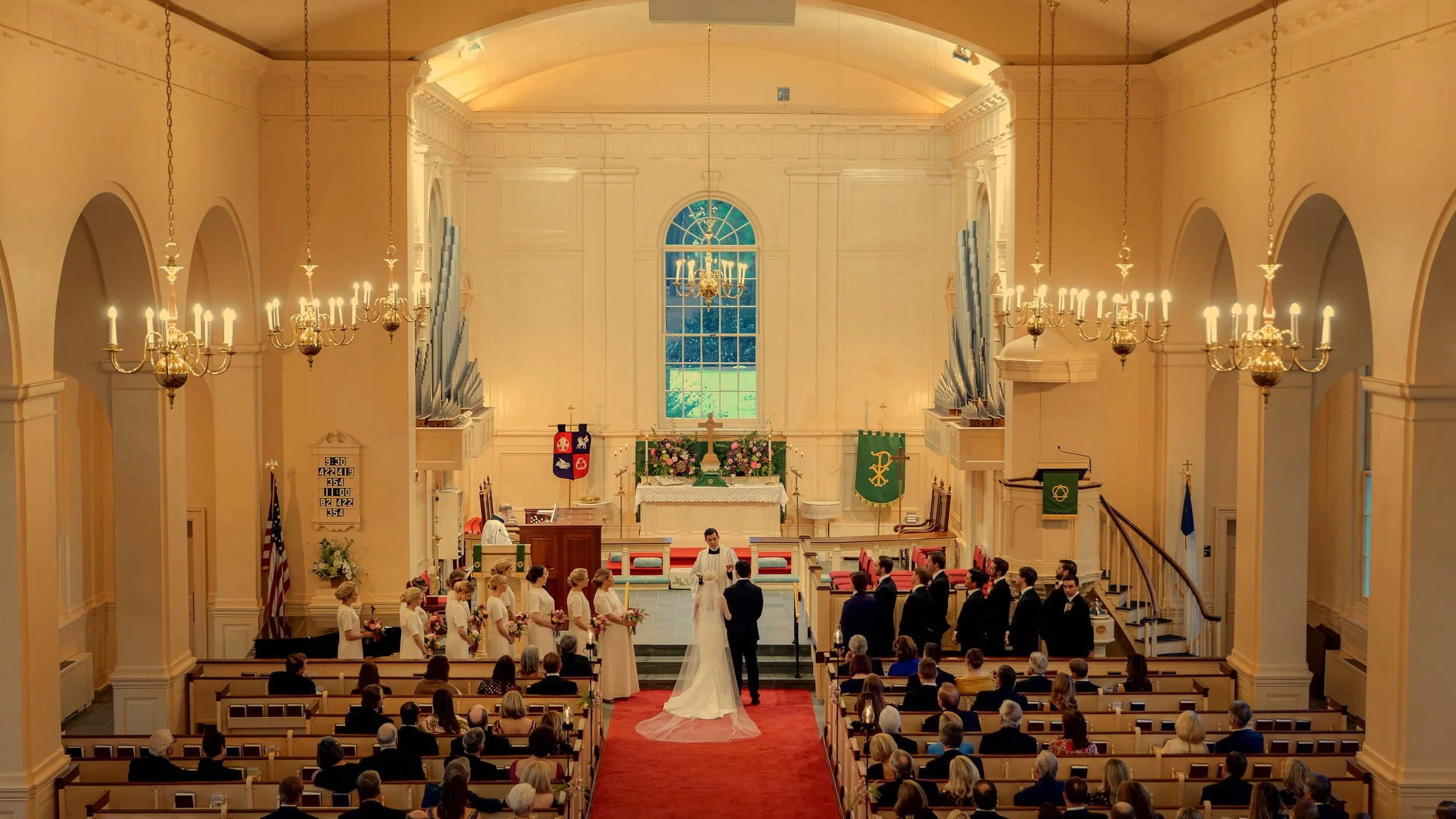 Wide Angle View of Wedding Ceremony at Pinehurst Village Chapel